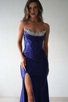 Pranvera Embellished Micro Crystal Gown | Dusty Navy | Debs & Prom | Formal Gown | Oh Hello Clothing