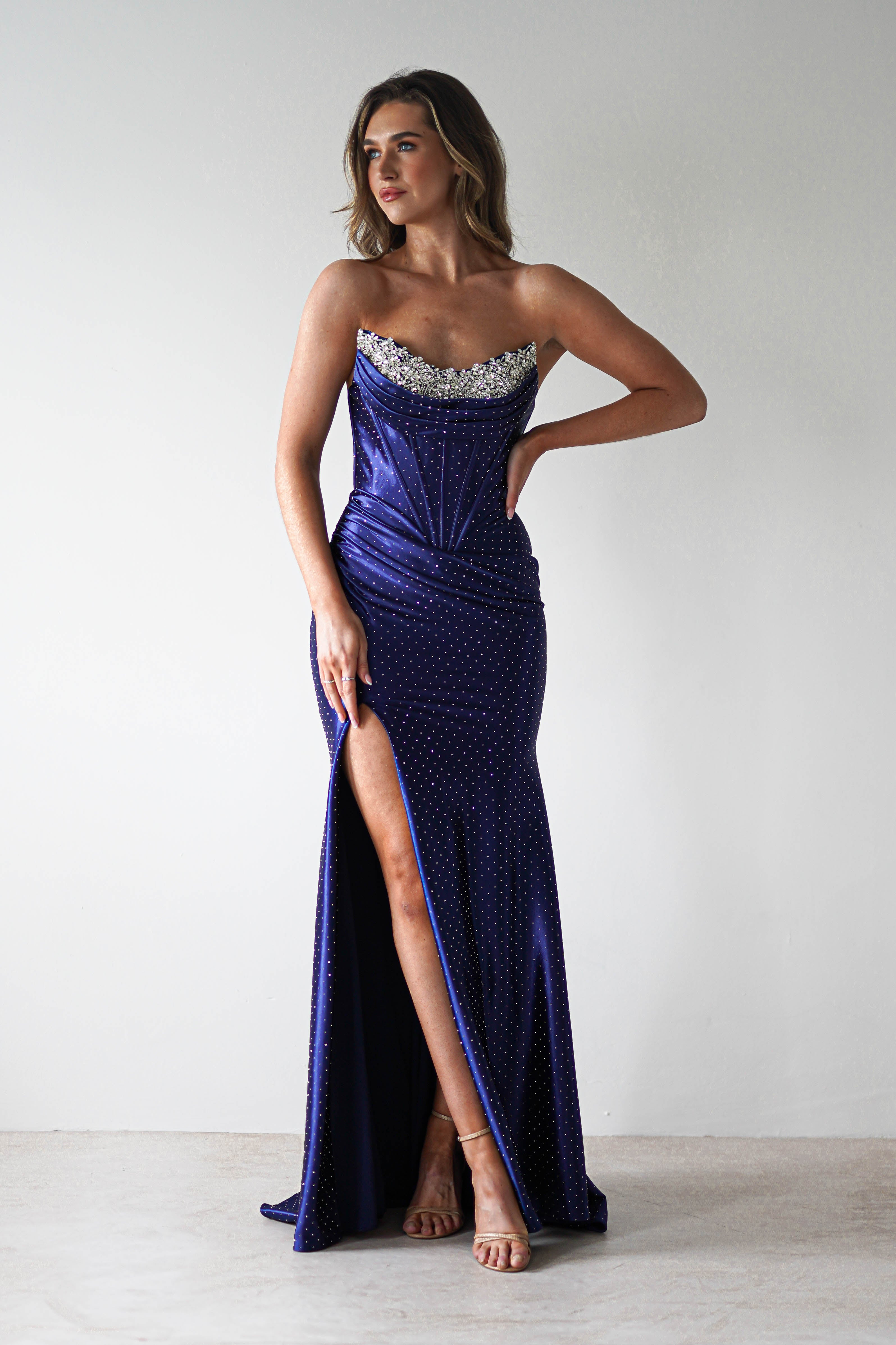 Pranvera Embellished Micro Crystal Gown | Dusty Navy