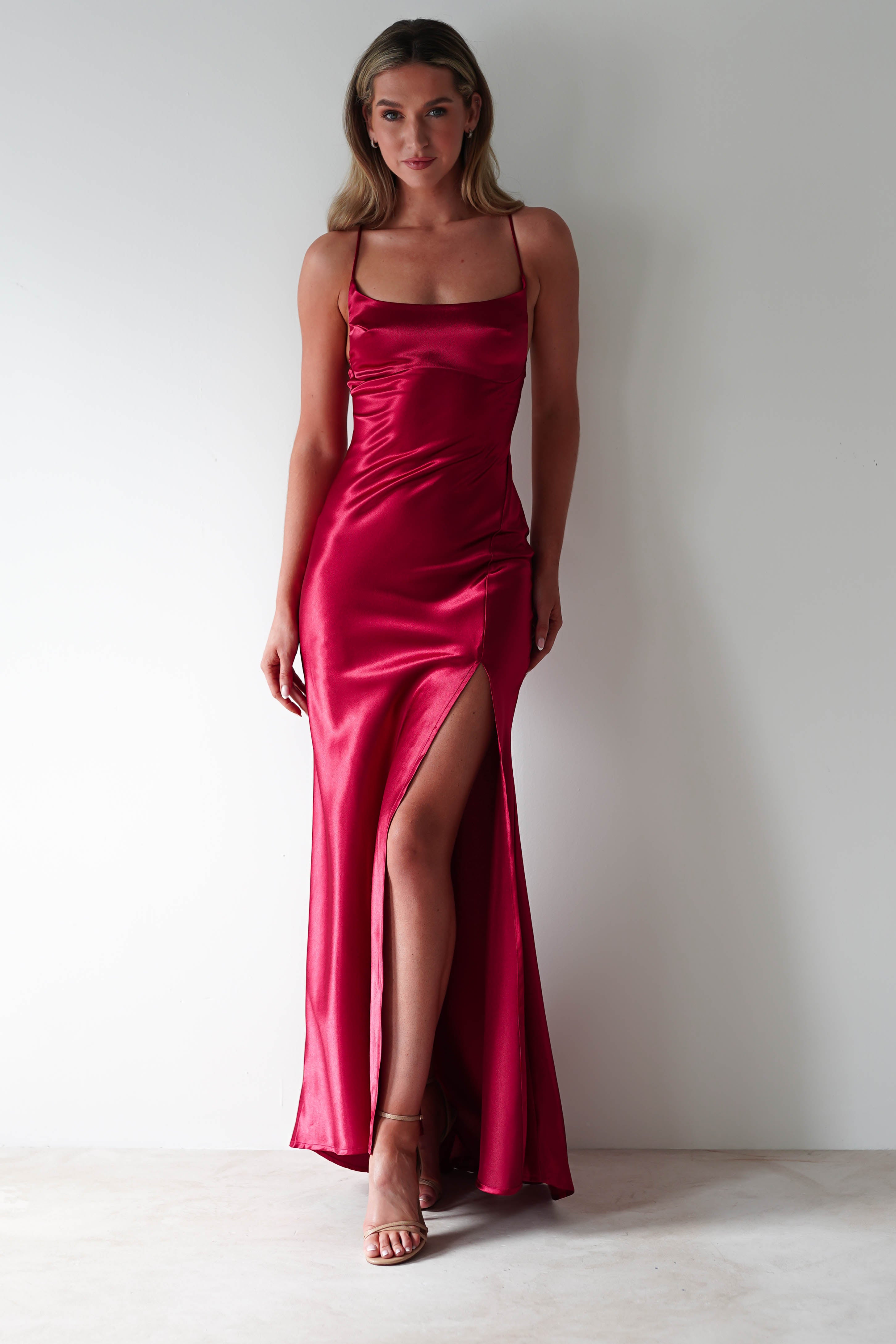 Celinee Satin Maxi Gown | Red