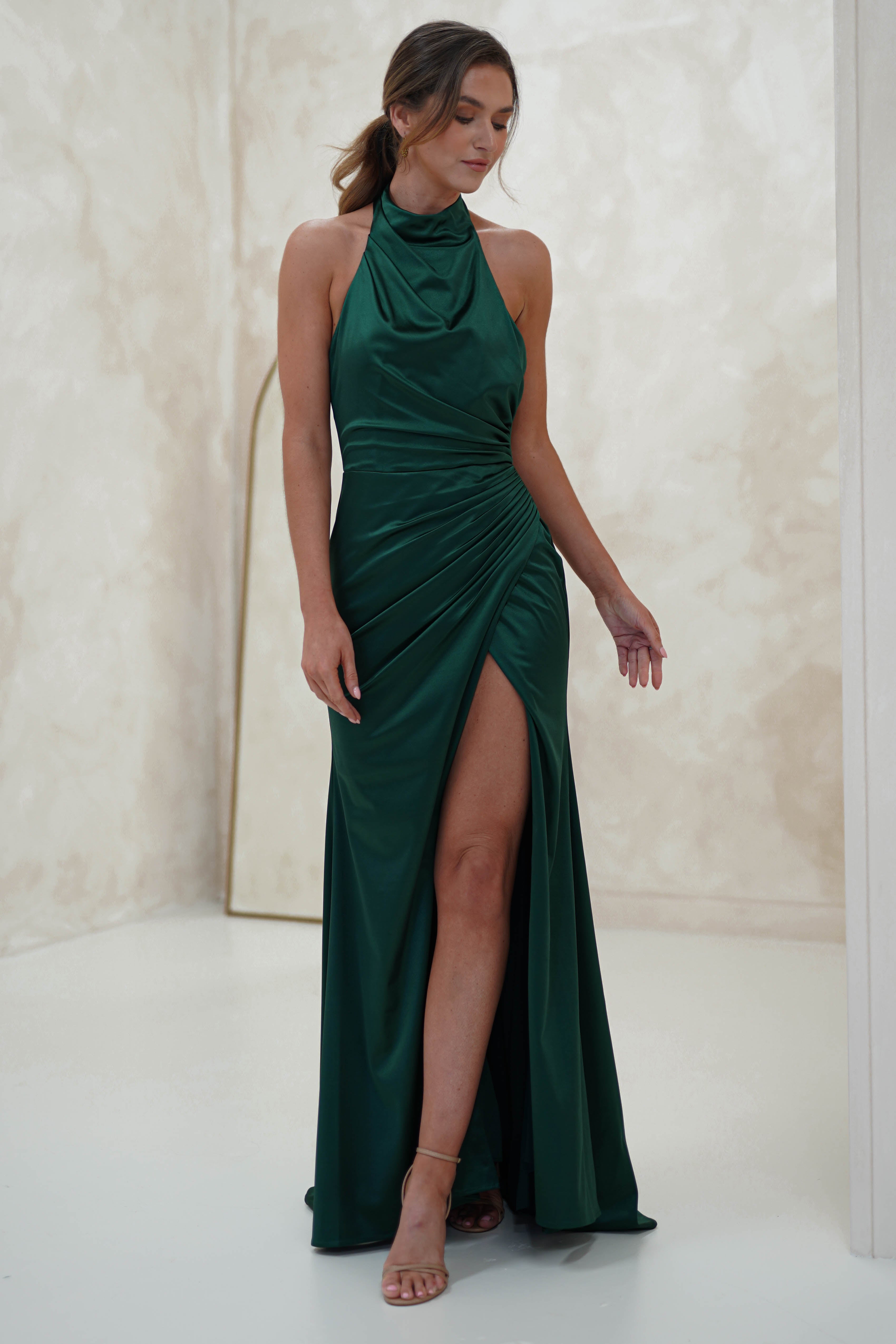 Alayna Draped Halterneck Gown | Emerald Green