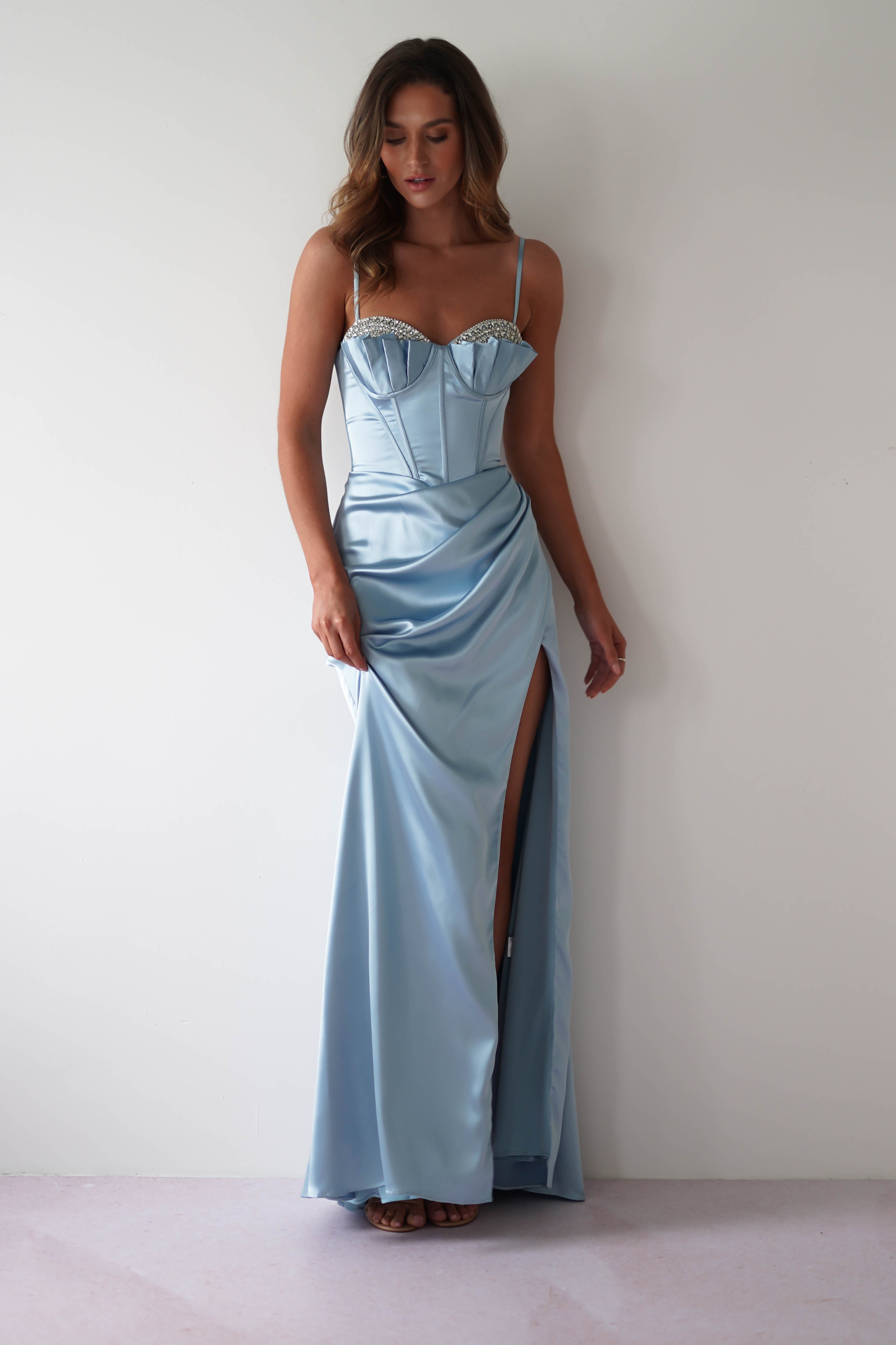 Gretta Soft Satin Corset Gown | Light Blue