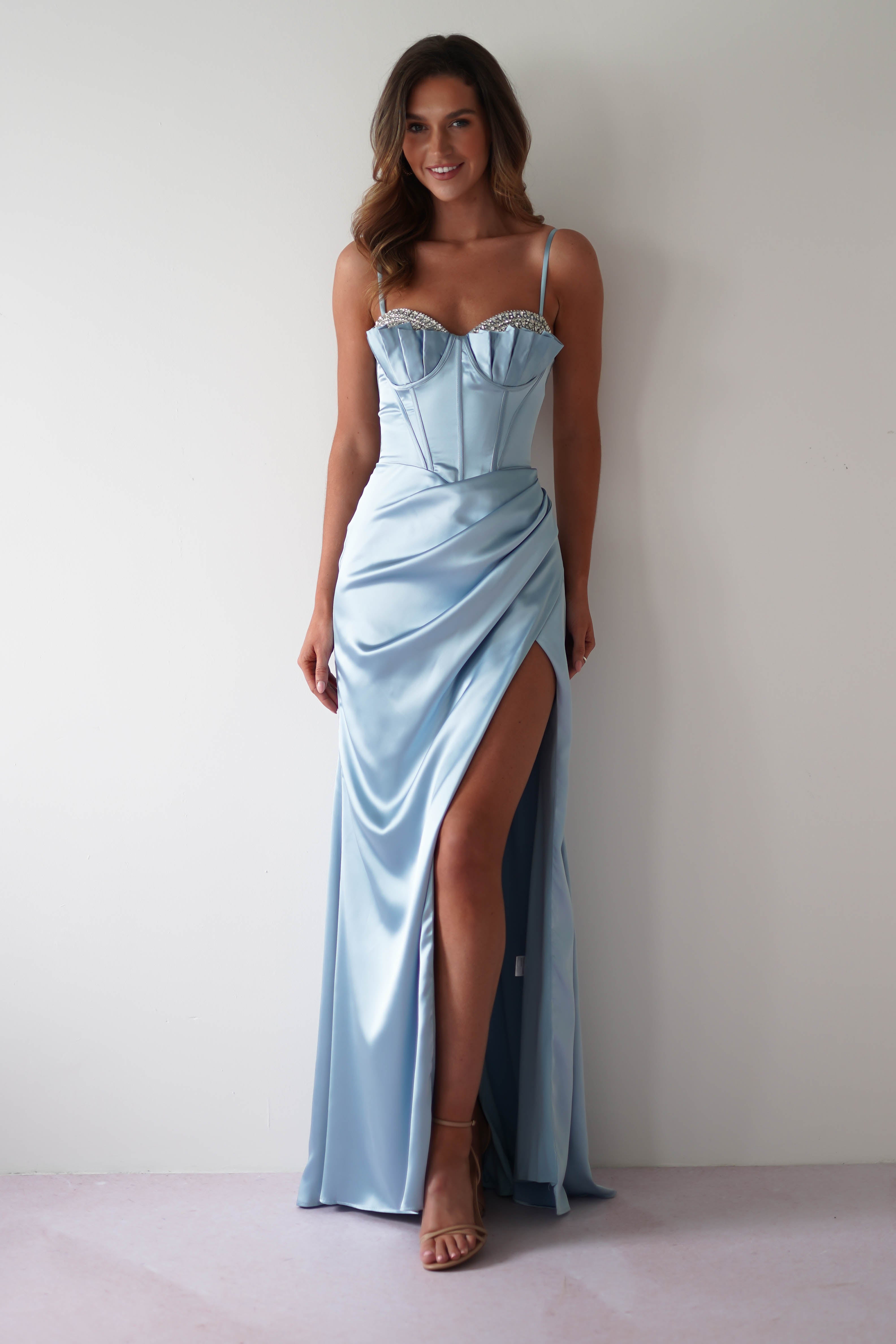 Gretta Soft Satin Corset Gown | Light Blue