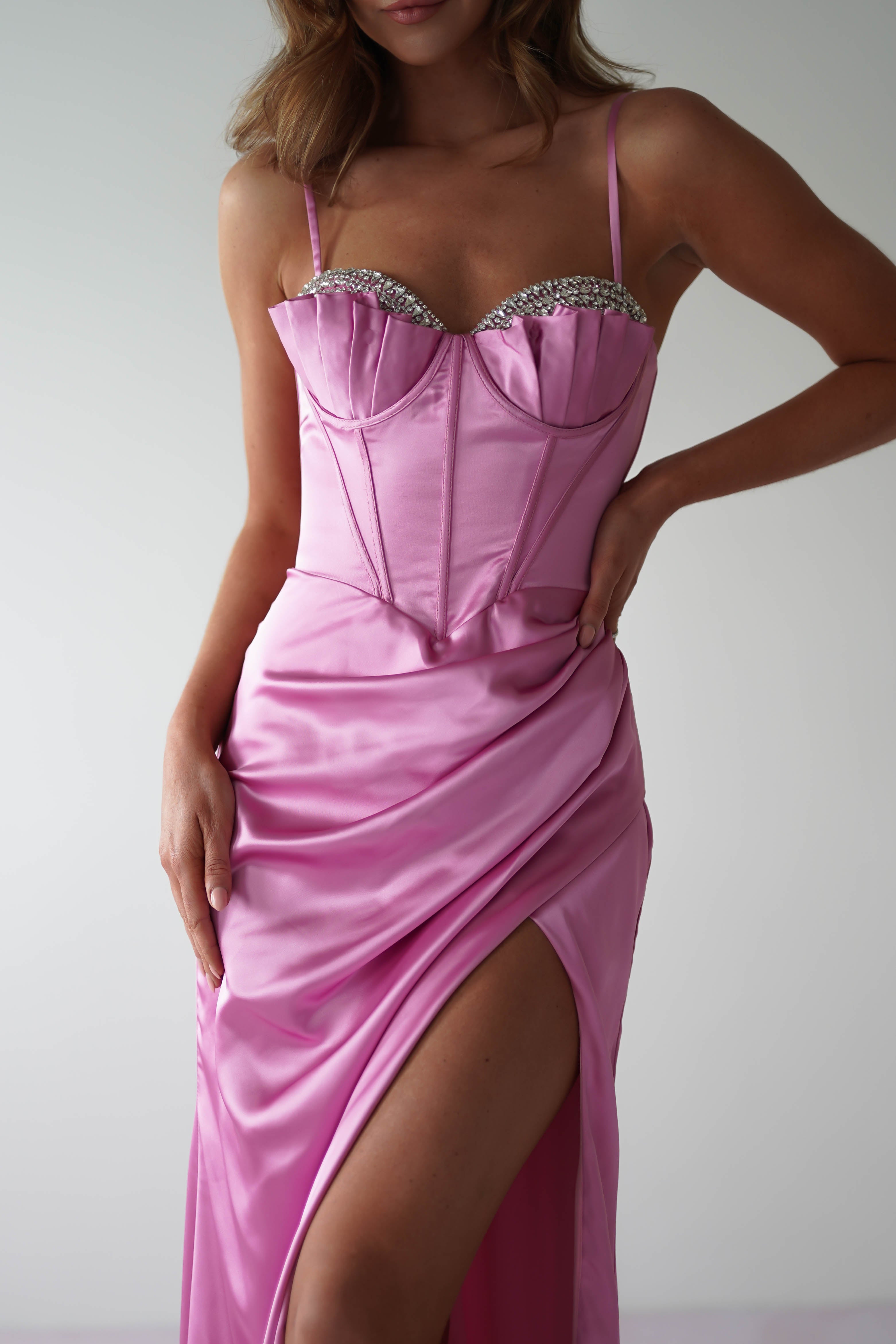 Gretta Soft Satin Corset Gown | Bright Pink
