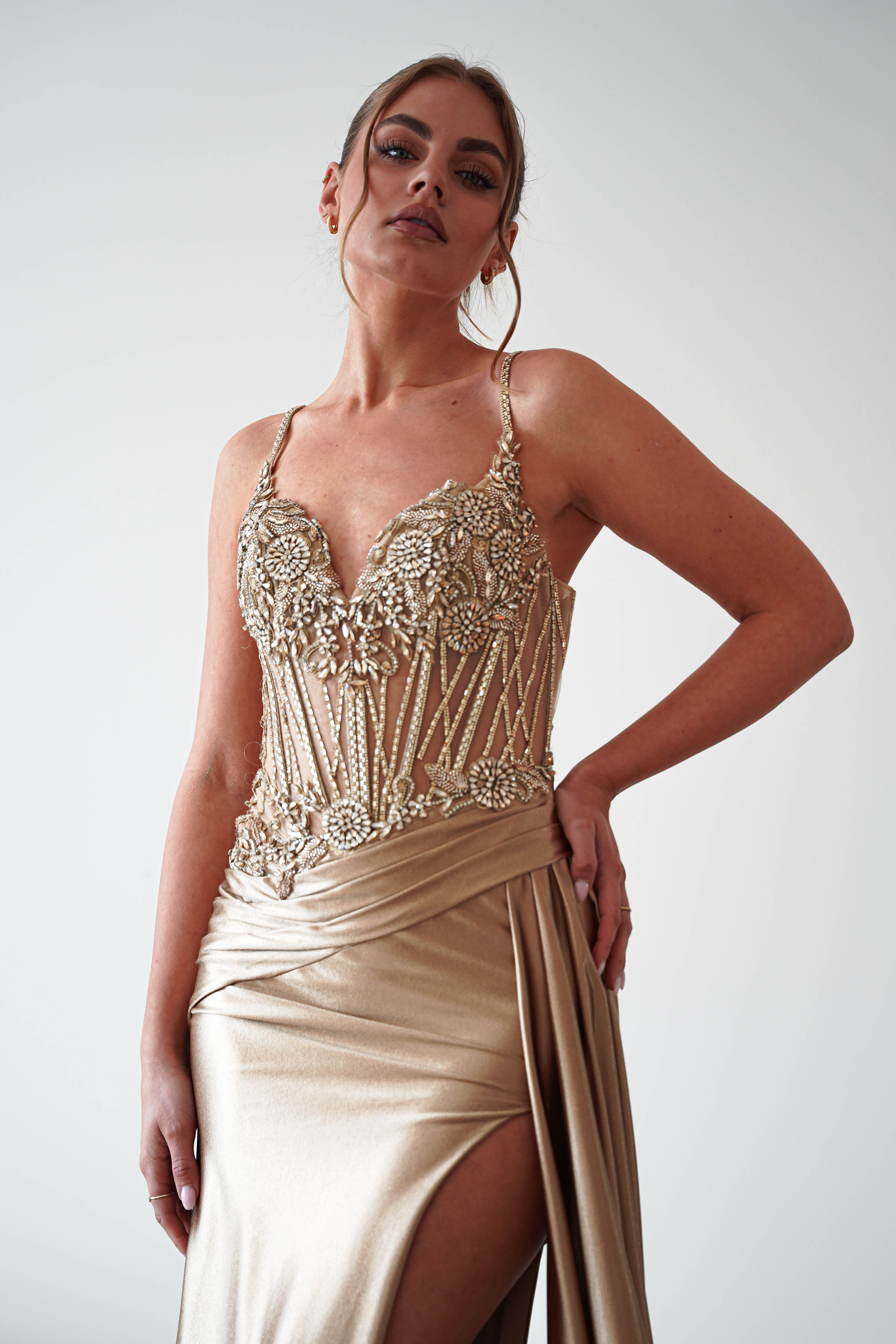 Oh Hello Clothing Dresses > Prom Dresses 1*DONE-CIND- CDS556- Embellished Corset Satin Maxi Gown – Gold