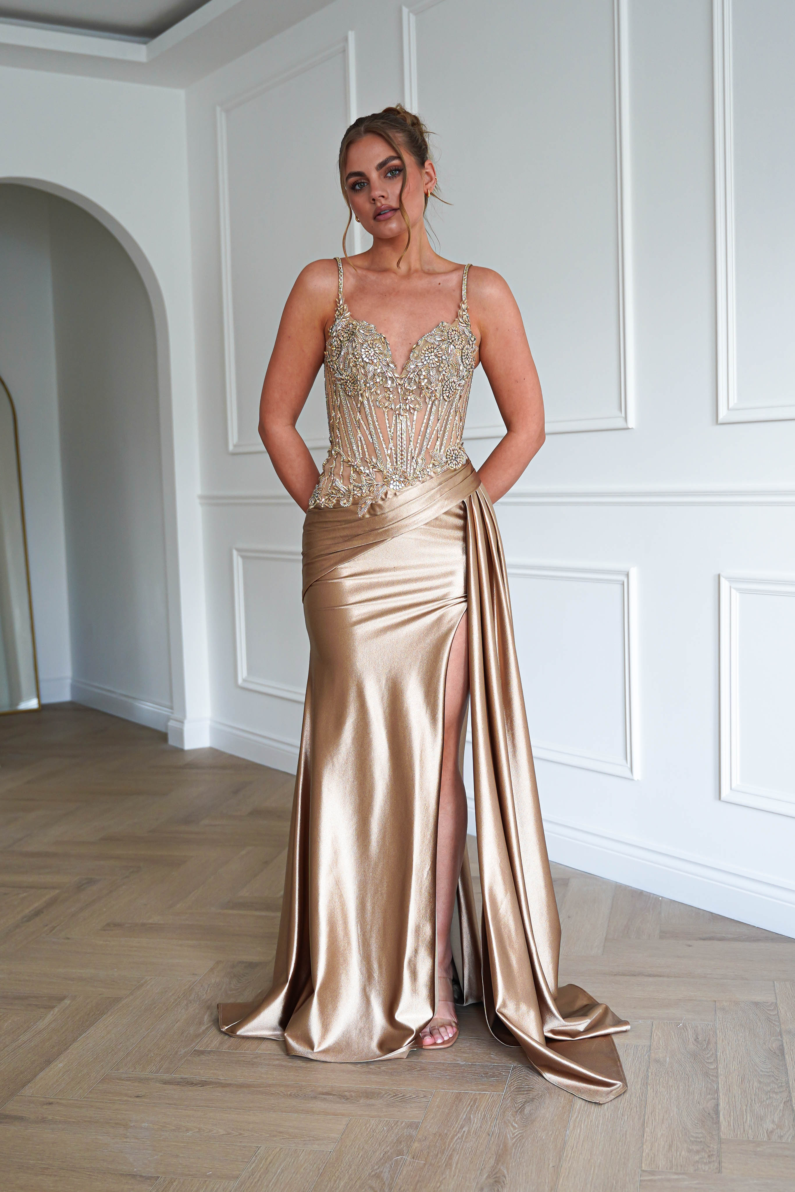 Oh Hello Clothing Dresses > Prom Dresses 1*DONE-CIND- CDS556- Embellished Corset Satin Maxi Gown – Gold