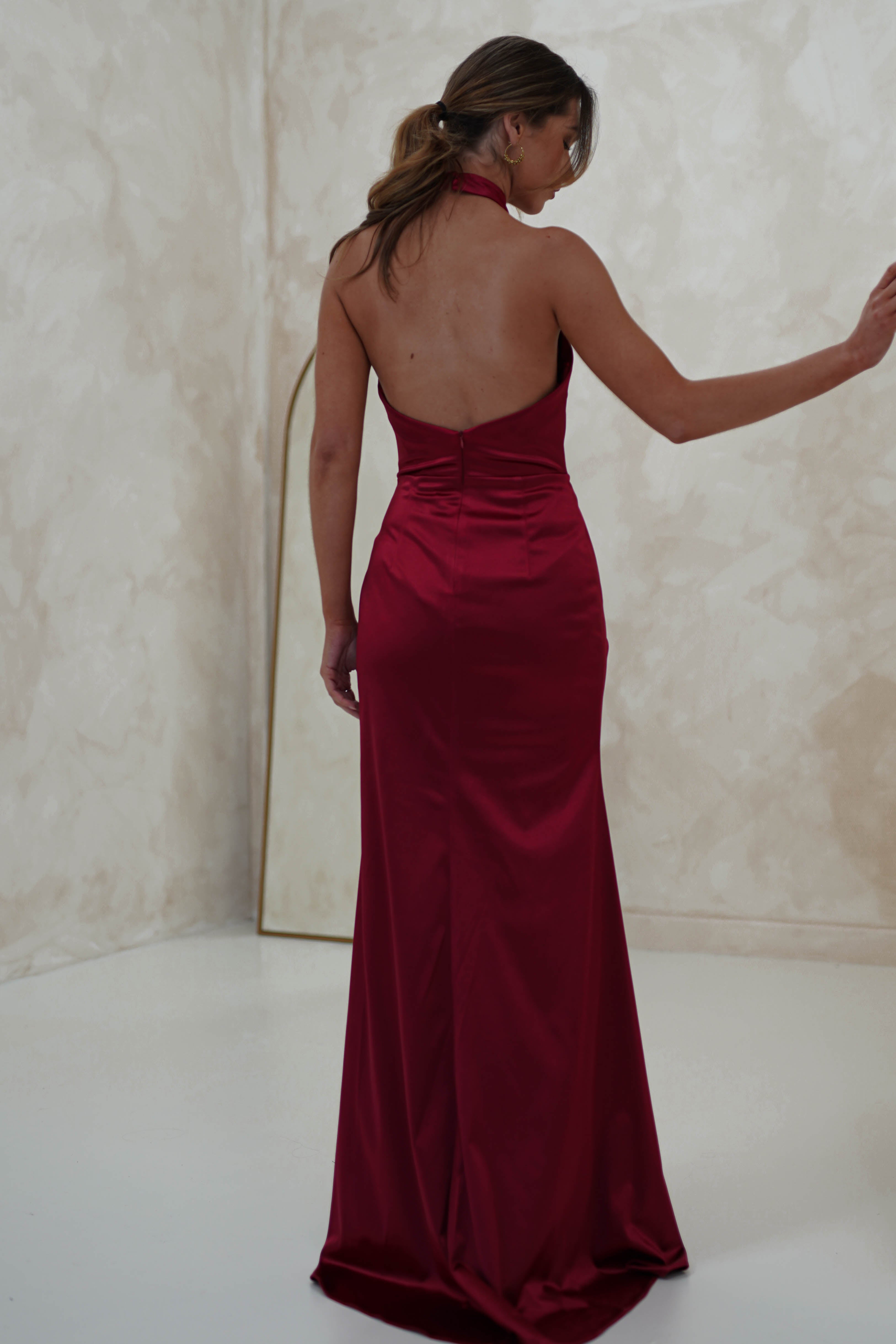 Alayna Draped Halterneck Gown | Dark Red
