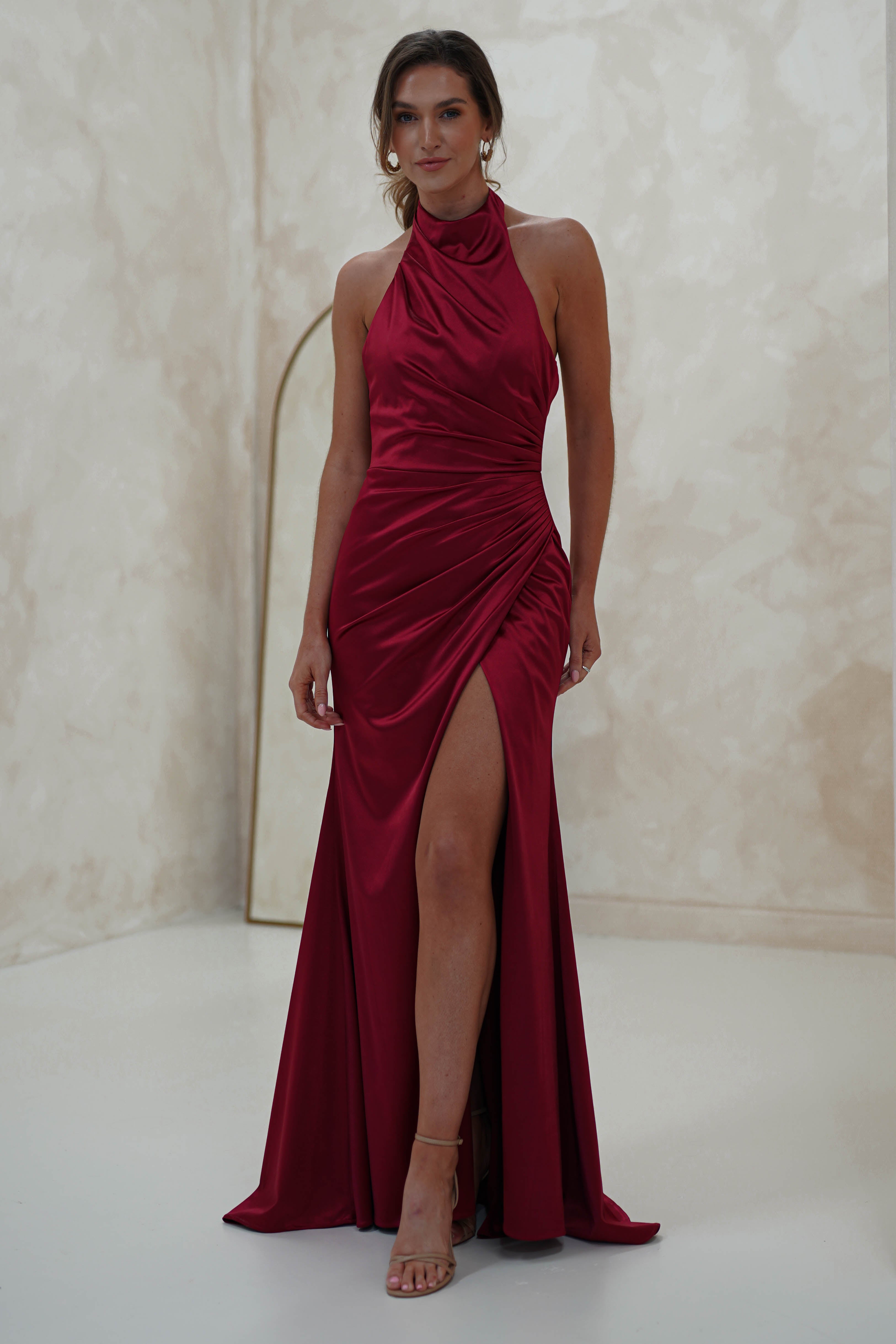 Alayna Draped Halterneck Gown | Dark Red