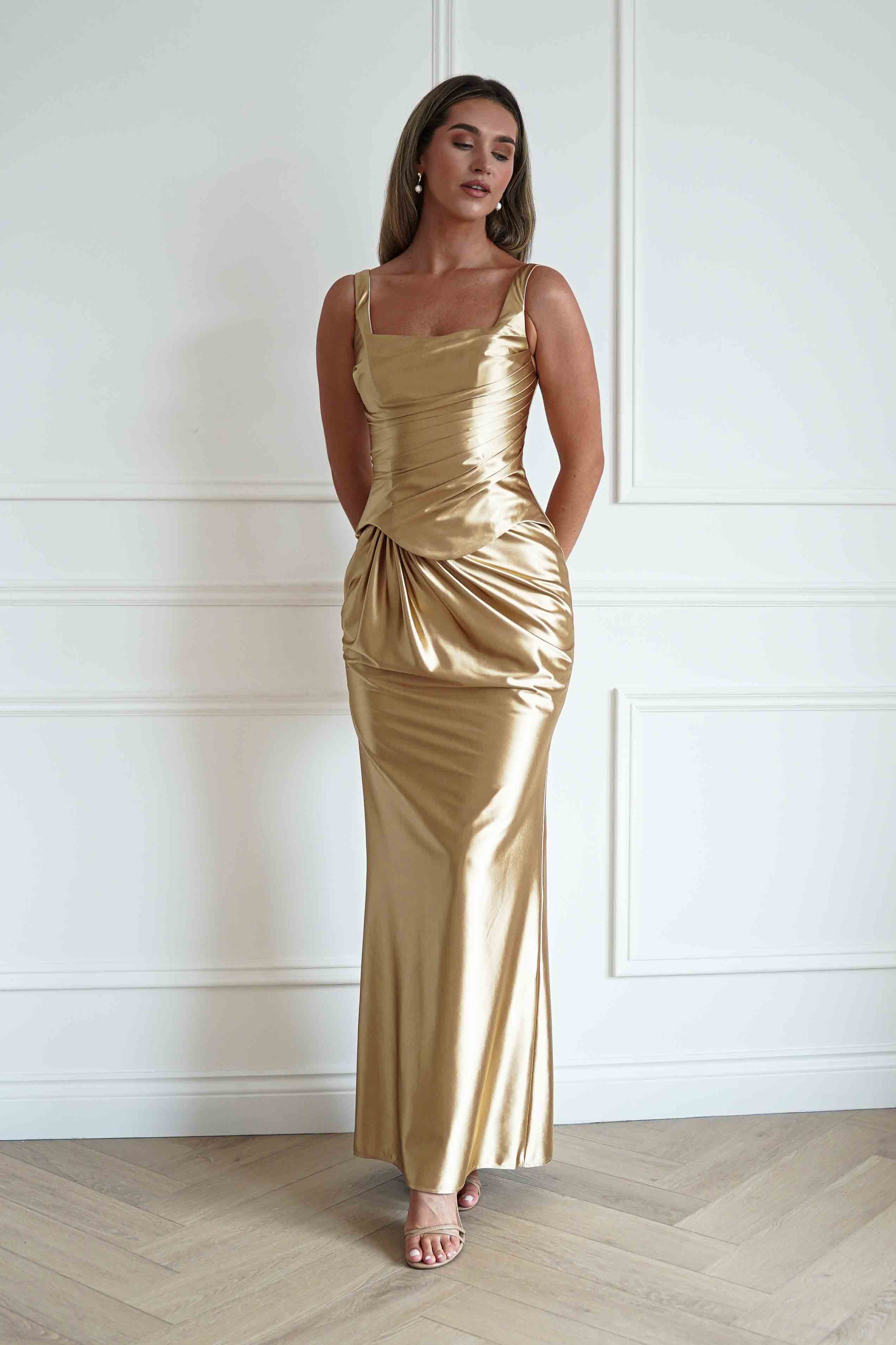 Oh Hello Clothing Women > Clothing > Dresses 1*DONE*CIND-CH2604-GOLD-DRAPED SATIN MAXI DRESS (Copy)