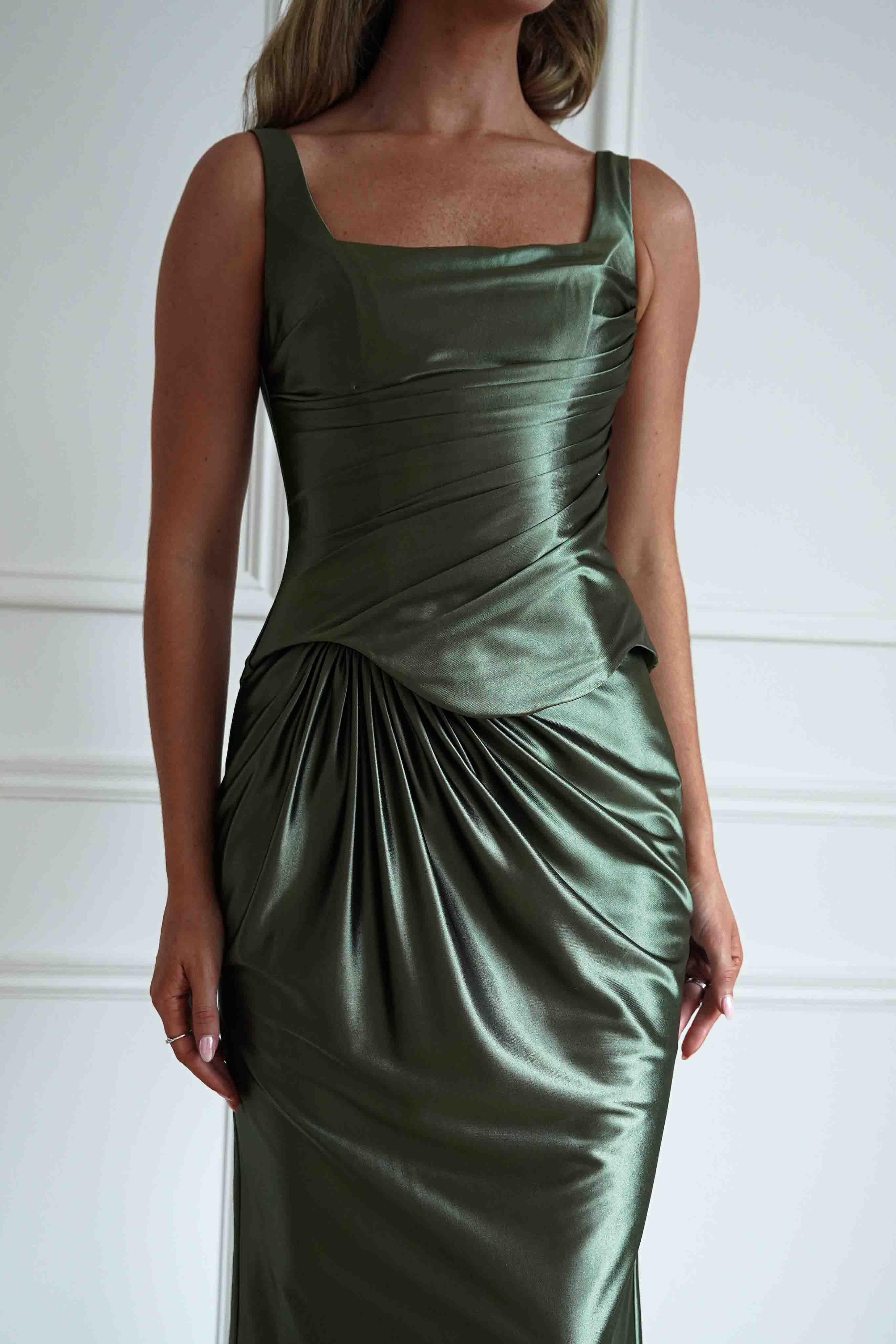 Oh Hello Clothing Women > Clothing > Dresses 1*DONE*CIND-CH2604-OLIVE GREEN DRAPED SATIN MAXI DRESS