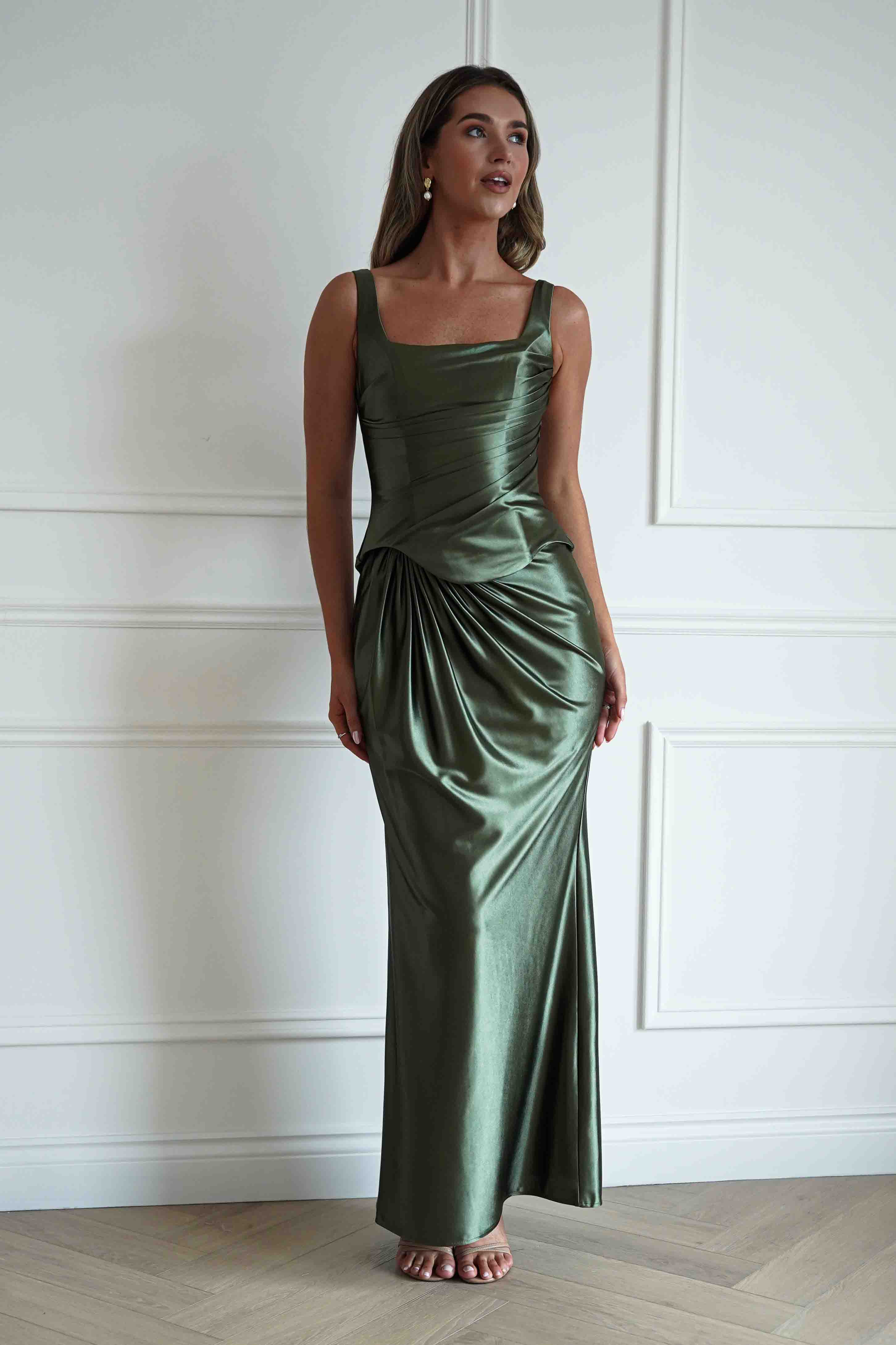 Oh Hello Clothing Women > Clothing > Dresses 1*DONE*CIND-CH2604-OLIVE GREEN DRAPED SATIN MAXI DRESS