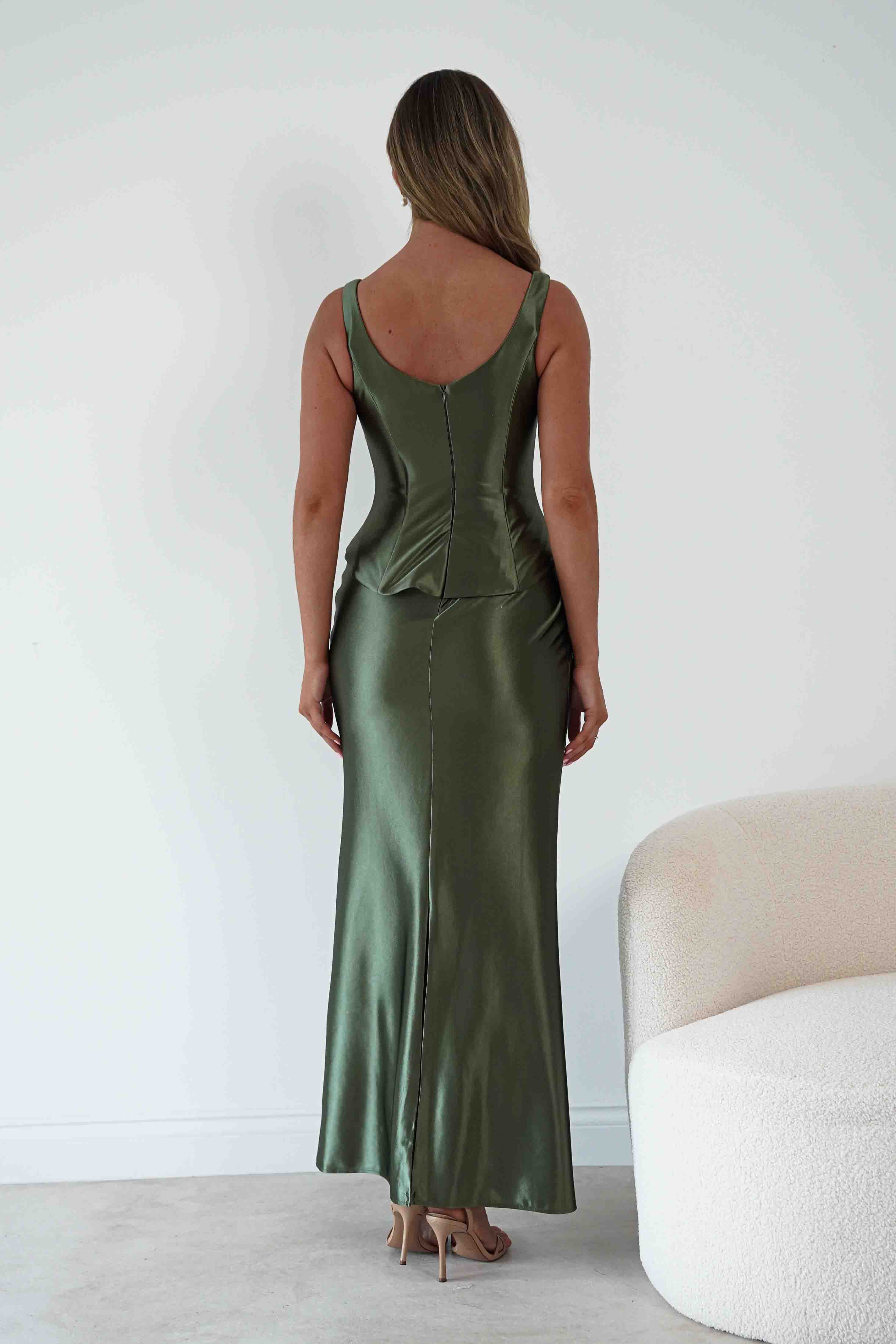 Oh Hello Clothing Women > Clothing > Dresses 1*DONE*CIND-CH2604-OLIVE GREEN DRAPED SATIN MAXI DRESS