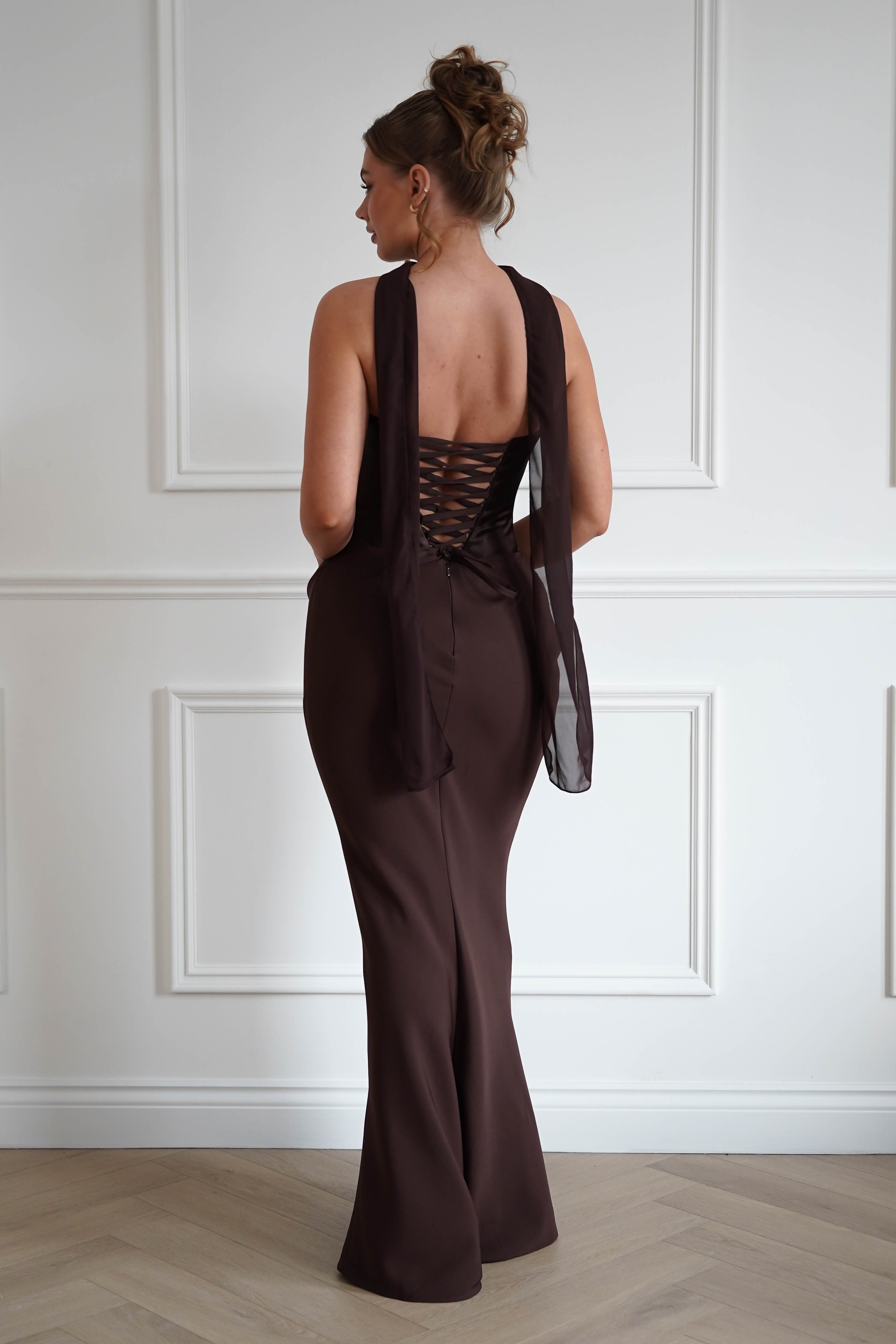 Oh Hello Clothing Women > Clothing > Dresses 1*Done-Cind-T732-Brown Strapless Ruched Midi Dress with Matching Scarf (Copy)