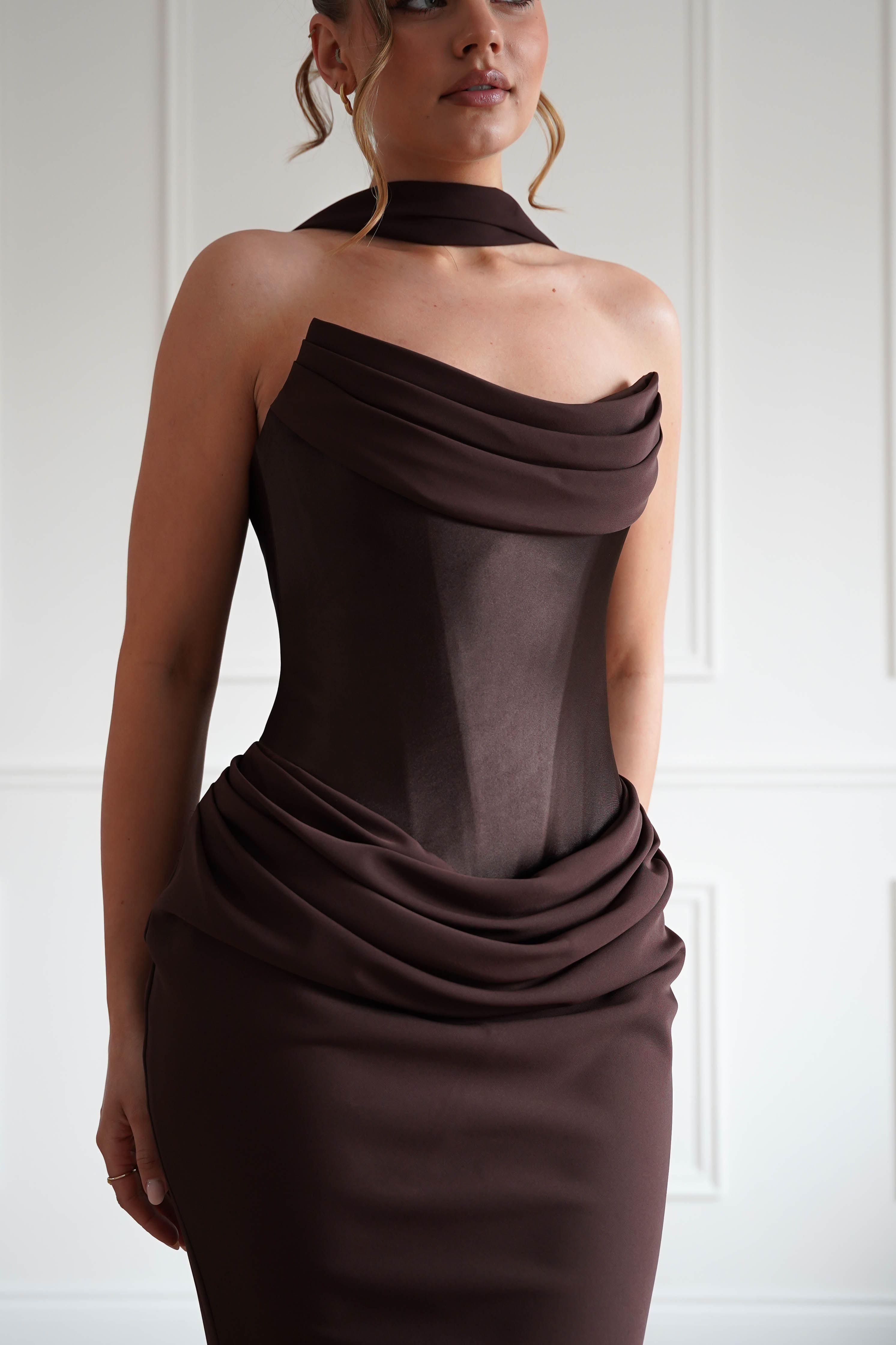 Oh Hello Clothing Women > Clothing > Dresses 1*Done-Cind-T732-Brown Strapless Ruched Midi Dress with Matching Scarf (Copy)