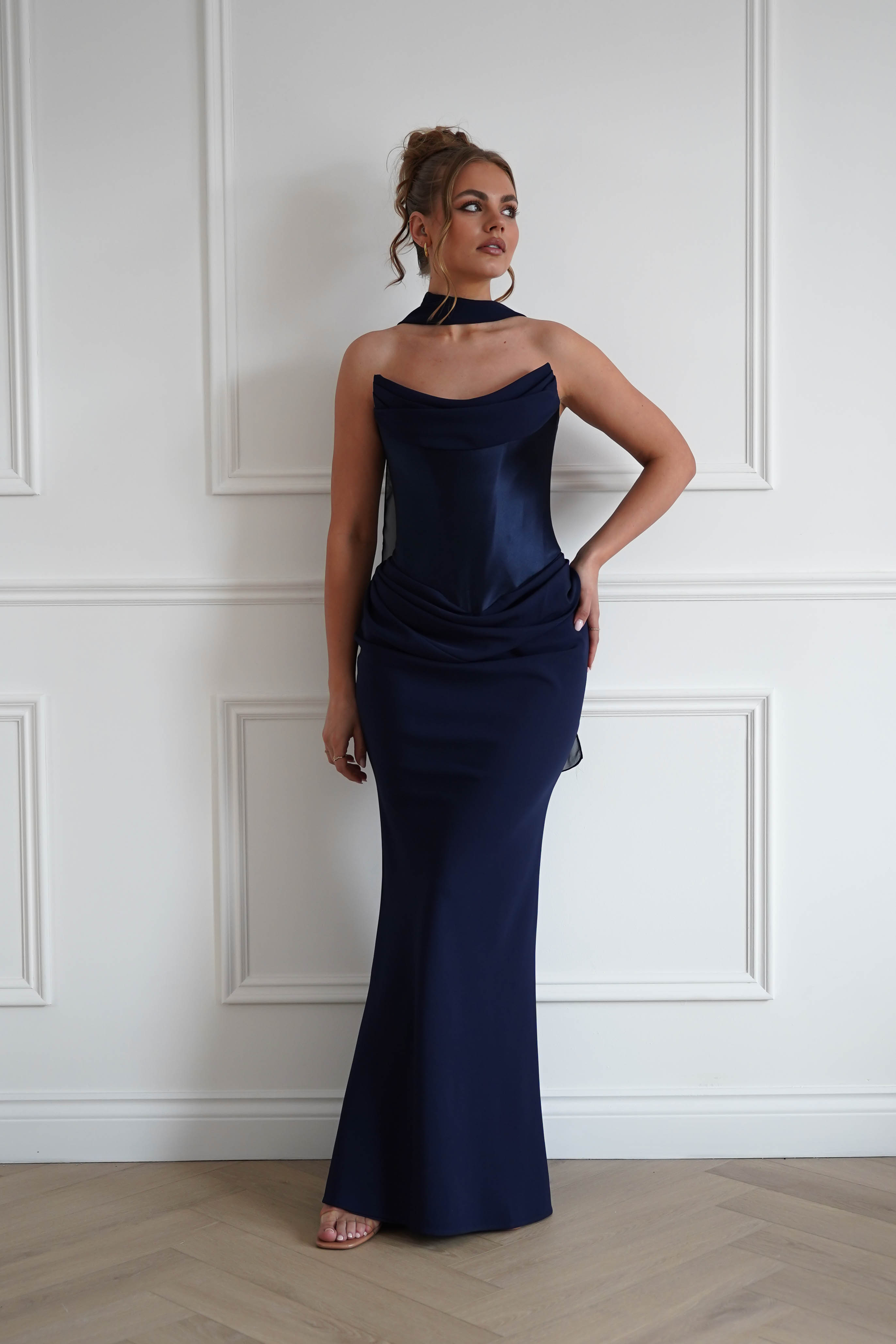 Oh Hello Clothing Women > Clothing > Dresses 1*Done-Cind-T732-Navy Strapless Ruched Midi Dress with Matching Scarf