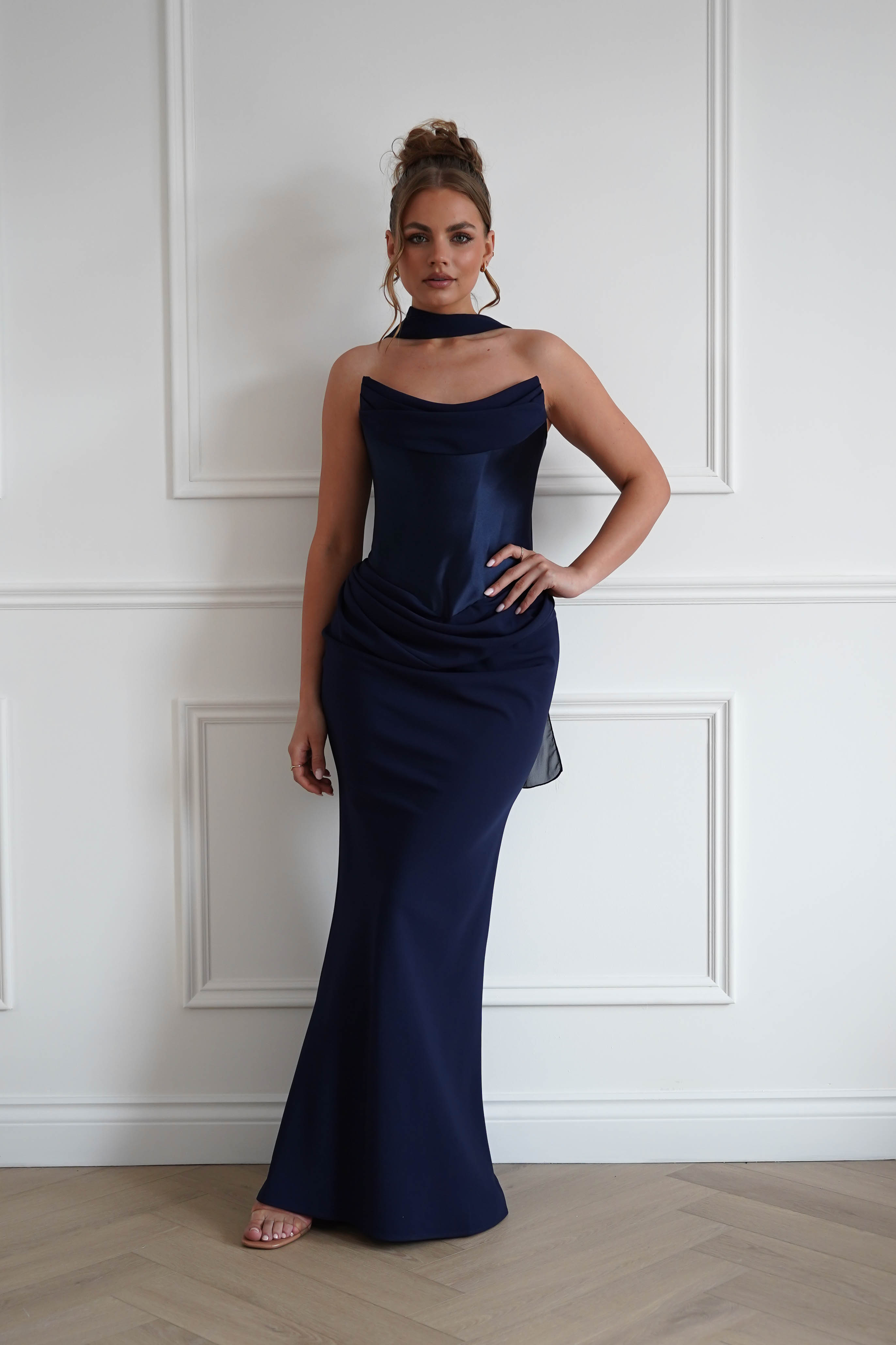 Oh Hello Clothing Women > Clothing > Dresses 1*Done-Cind-T732-Navy Strapless Ruched Midi Dress with Matching Scarf