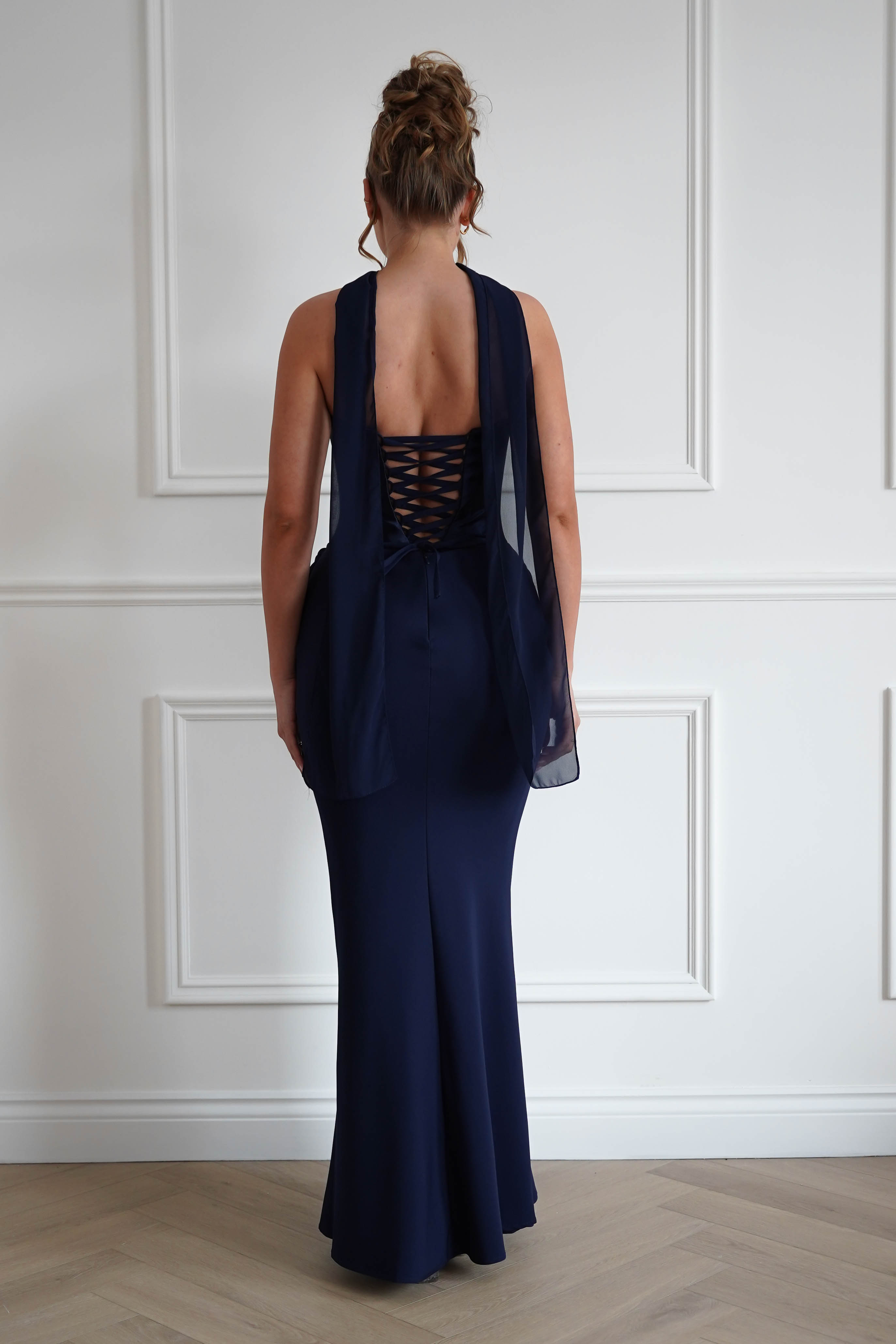 Oh Hello Clothing Women > Clothing > Dresses 1*Done-Cind-T732-Navy Strapless Ruched Midi Dress with Matching Scarf