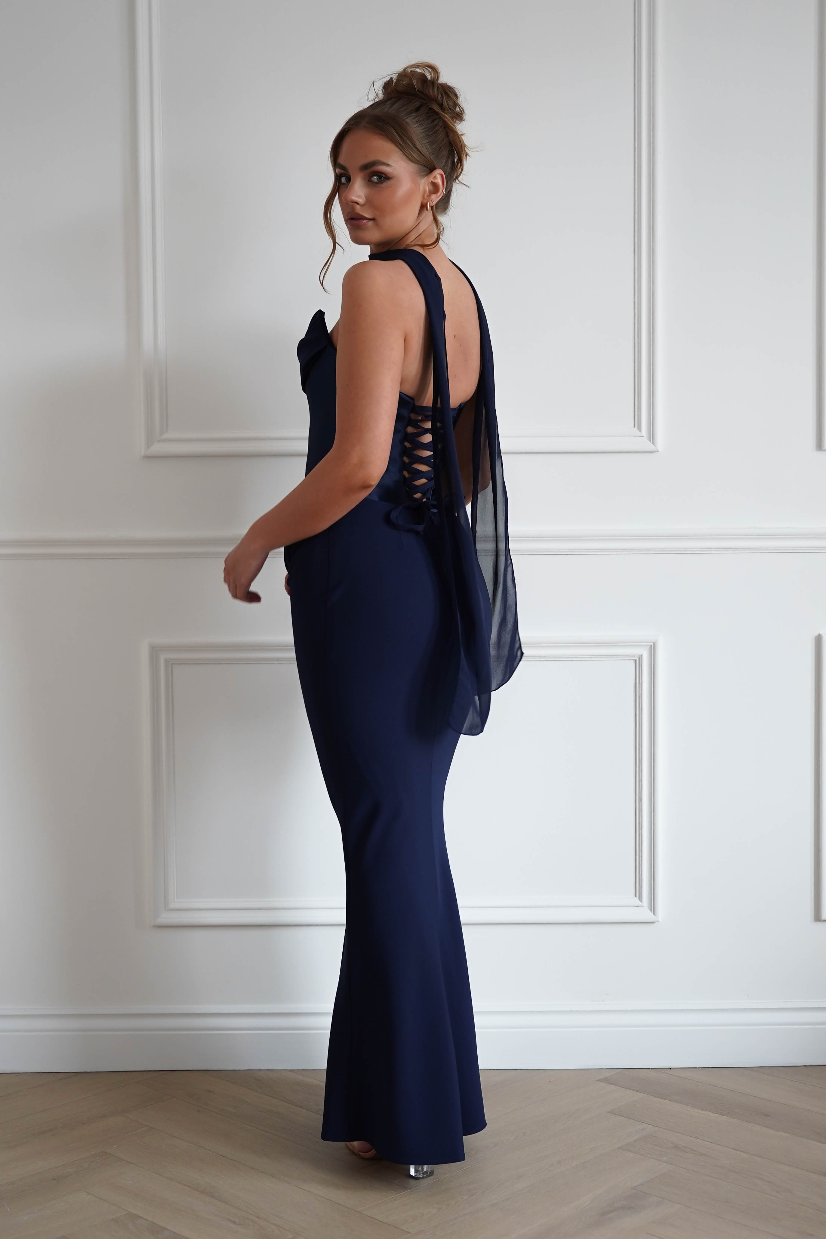 Oh Hello Clothing Women > Clothing > Dresses 1*Done-Cind-T732-Navy Strapless Ruched Midi Dress with Matching Scarf