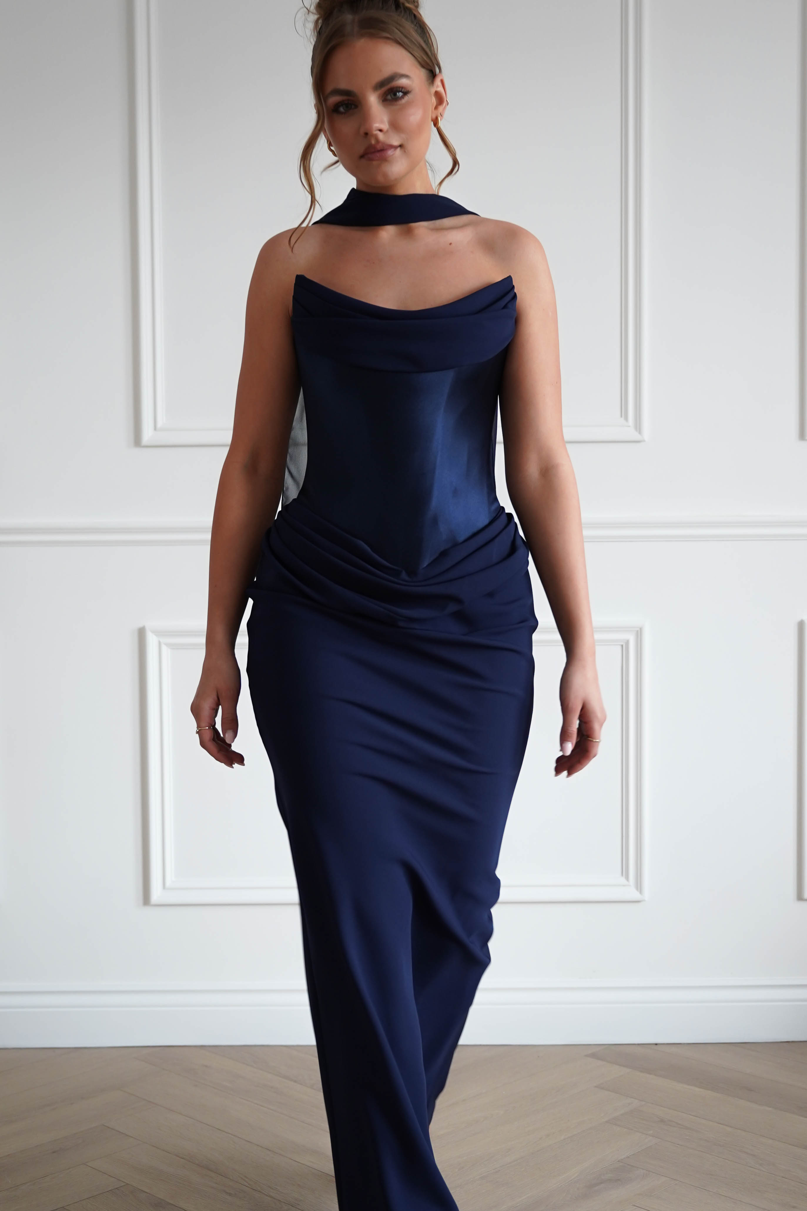 Oh Hello Clothing Women > Clothing > Dresses 1*Done-Cind-T732-Navy Strapless Ruched Midi Dress with Matching Scarf