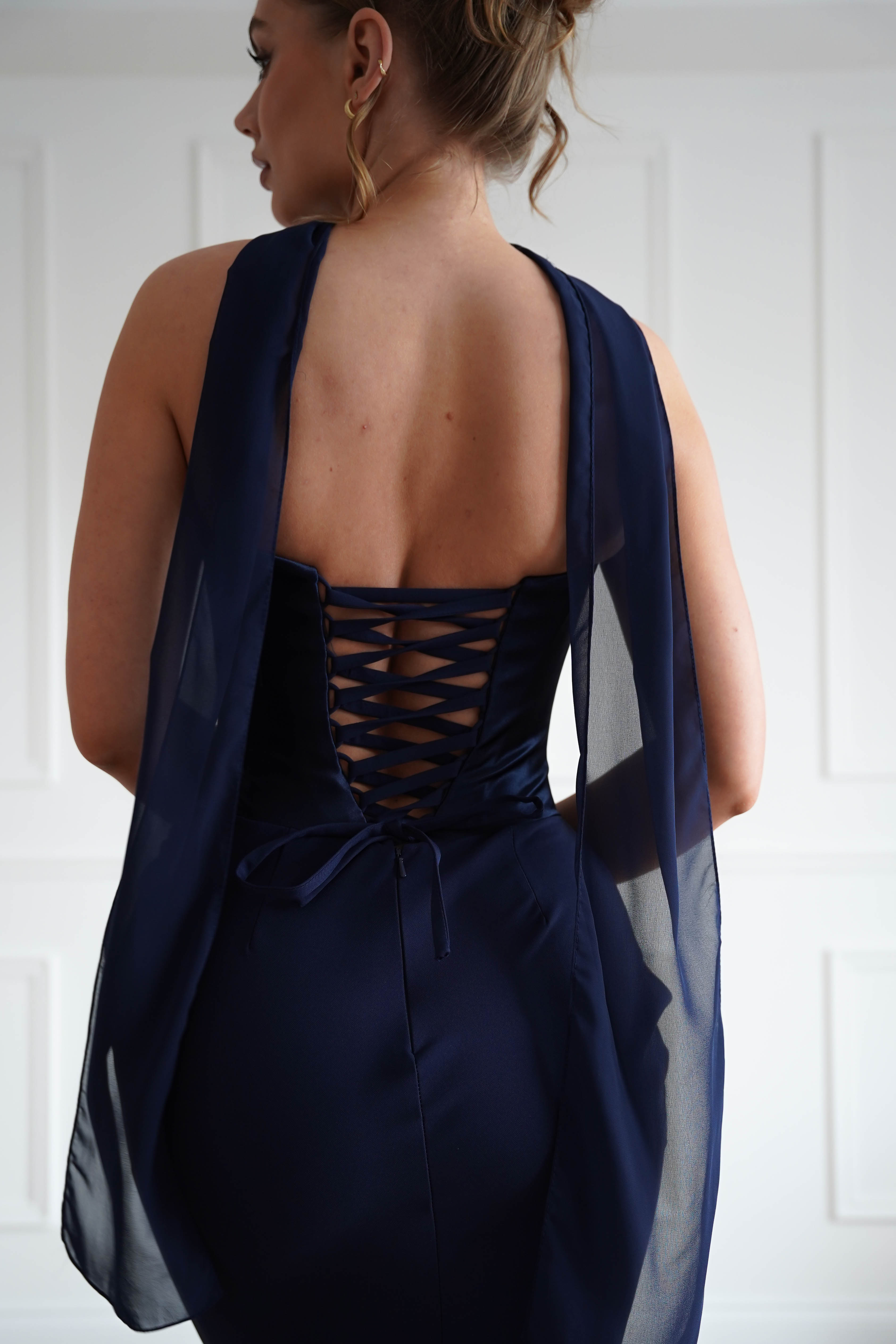 Oh Hello Clothing Women > Clothing > Dresses 1*Done-Cind-T732-Navy Strapless Ruched Midi Dress with Matching Scarf