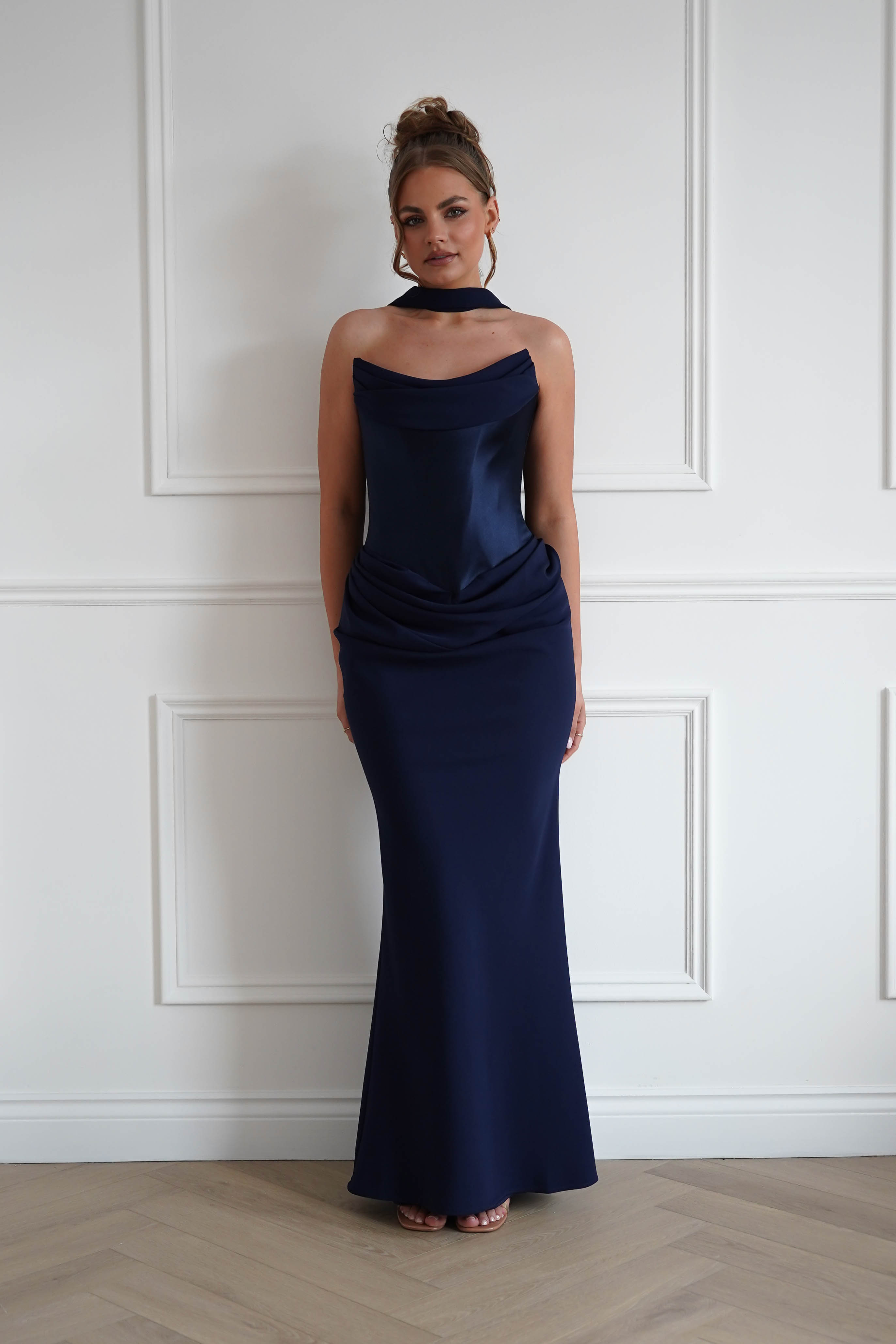 Oh Hello Clothing Women > Clothing > Dresses 1*Done-Cind-T732-Navy Strapless Ruched Midi Dress with Matching Scarf