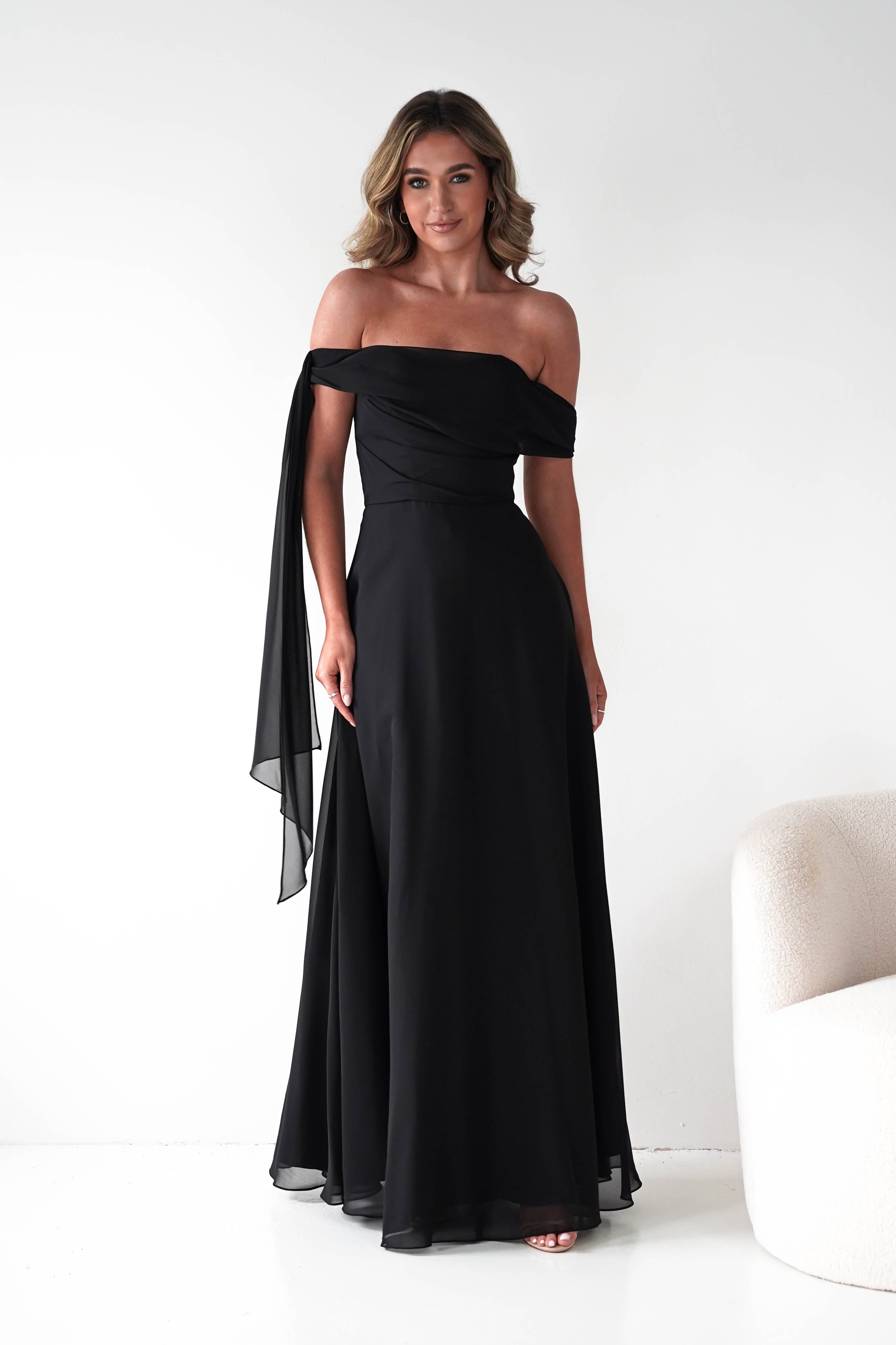 Oh Hello Clothing Dresses 1*DONE -CINDERALLA-BLACK DRESS DRAPE DSEIGN ON ONE SIDE- T716