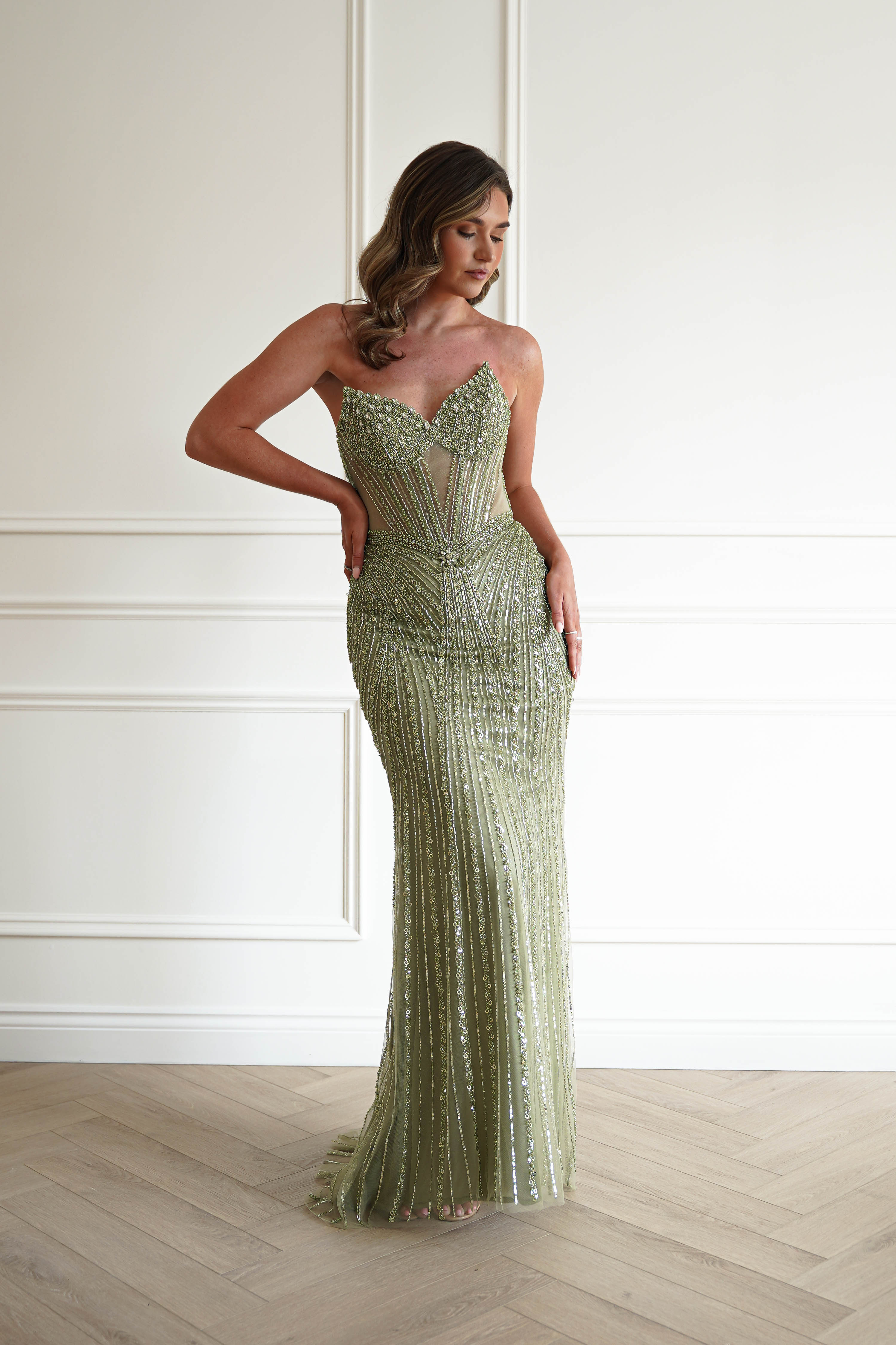 Oh Hello Clothing Women > Clothing > Dresses 1*DONE -CINDERALLA-CC398-Beaded Corset Maxi Dress in Sage Green