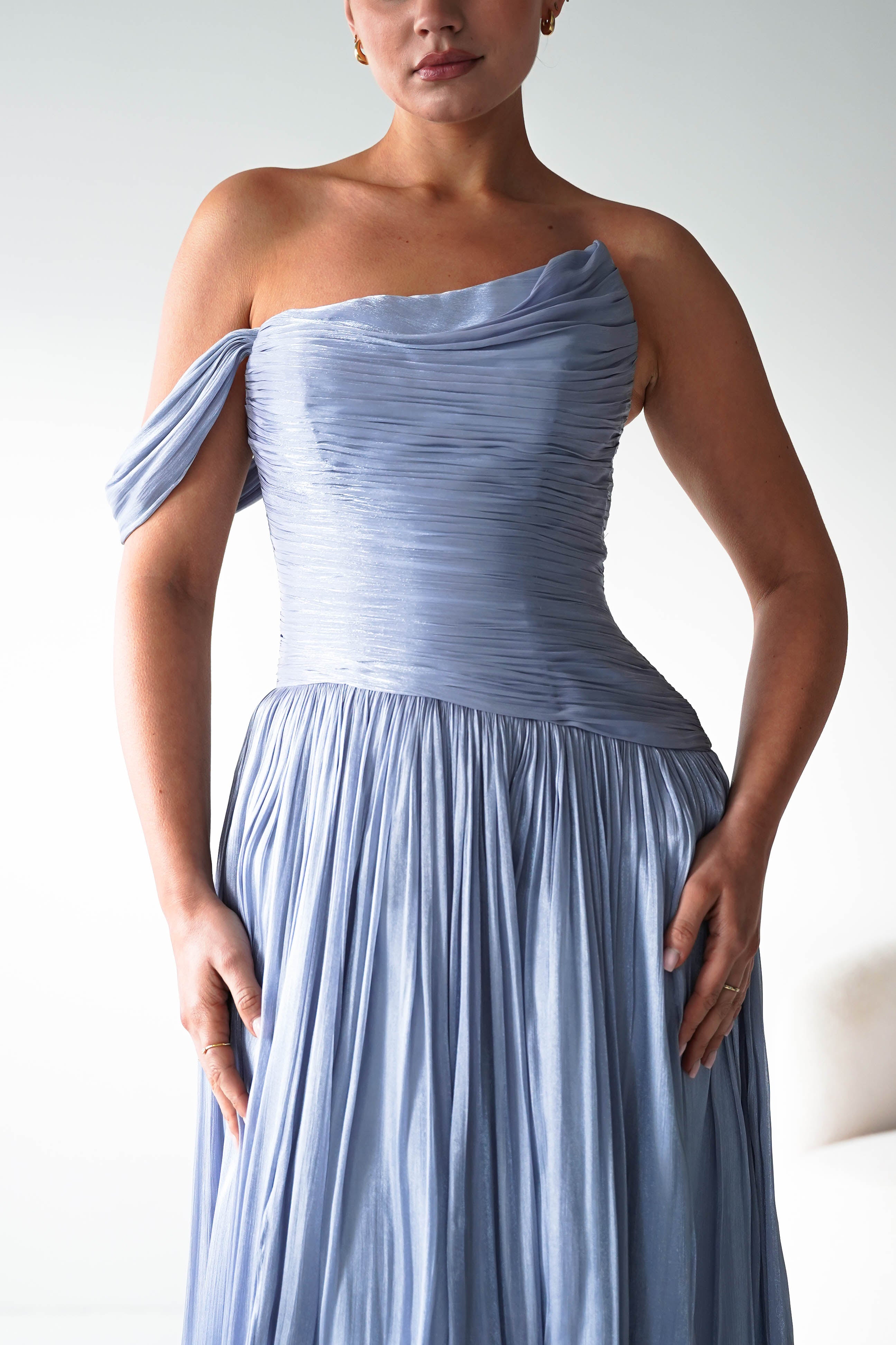 Oh Hello Clothing Women > Clothing > Dresses 1* DONE -CINDERALLA- CD409- BLUE- One-Shoulder Pleated Maxi Dress with Slit SAMPLE