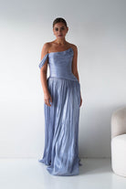 Oh Hello Clothing Women > Clothing > Dresses 1* DONE -CINDERALLA- CD409- BLUE- One-Shoulder Pleated Maxi Dress with Slit SAMPLE