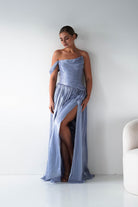 Oh Hello Clothing Women > Clothing > Dresses 1* DONE -CINDERALLA- CD409- BLUE- One-Shoulder Pleated Maxi Dress with Slit SAMPLE