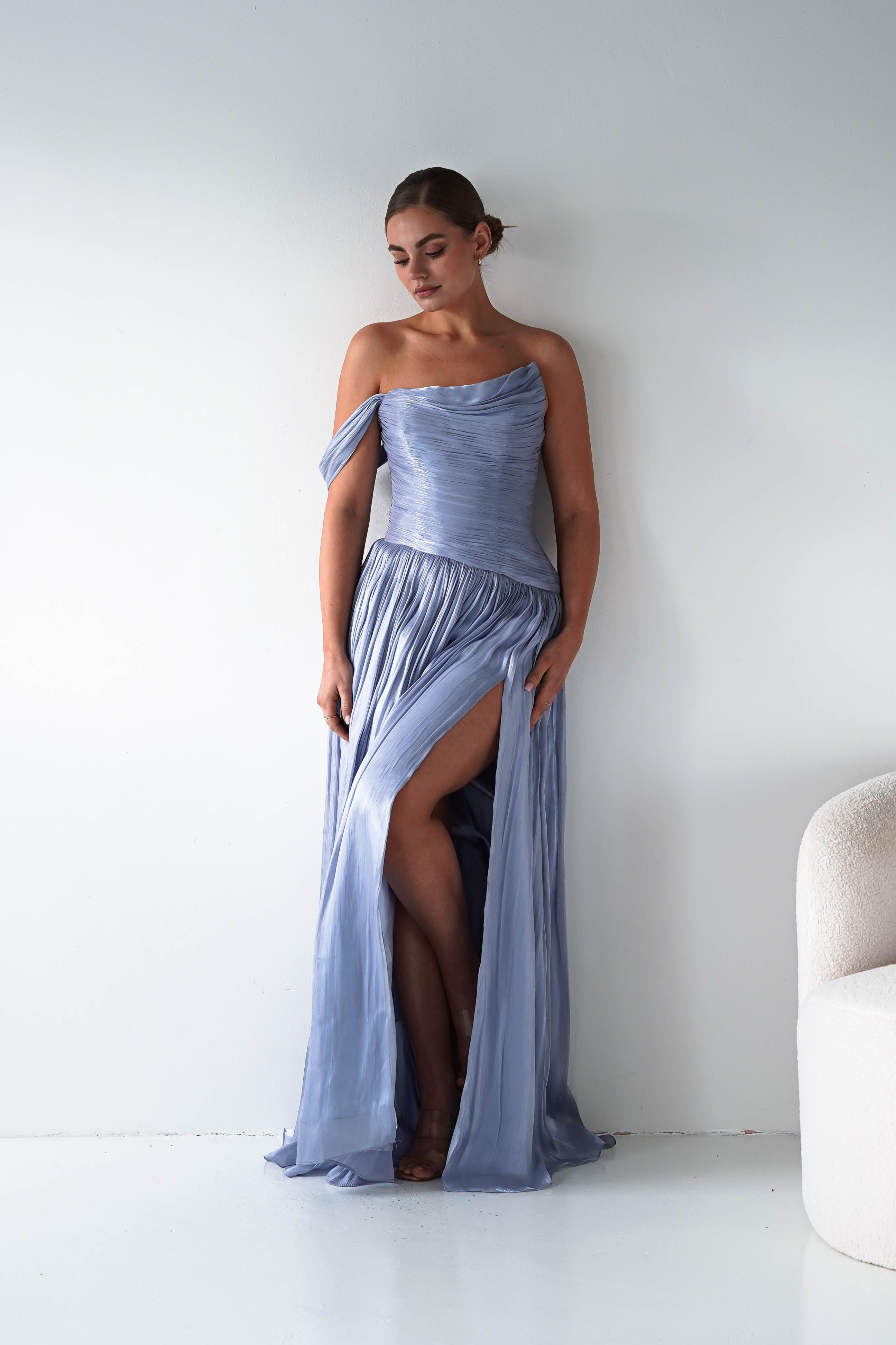 Oh Hello Clothing Women > Clothing > Dresses 1* DONE -CINDERALLA- CD409- BLUE- One-Shoulder Pleated Maxi Dress with Slit SAMPLE