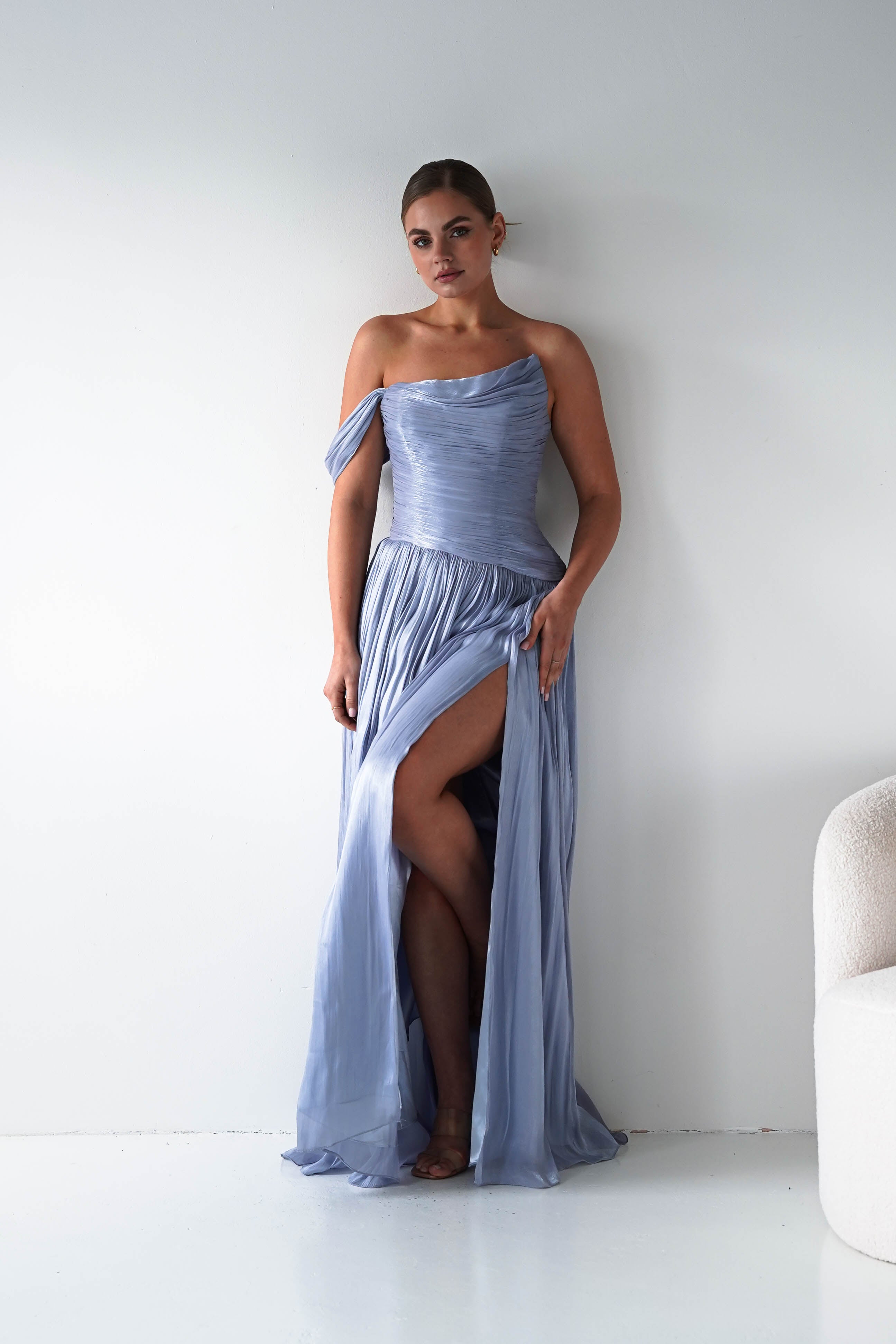 Oh Hello Clothing Women > Clothing > Dresses 1* DONE -CINDERALLA- CD409- BLUE- One-Shoulder Pleated Maxi Dress with Slit SAMPLE
