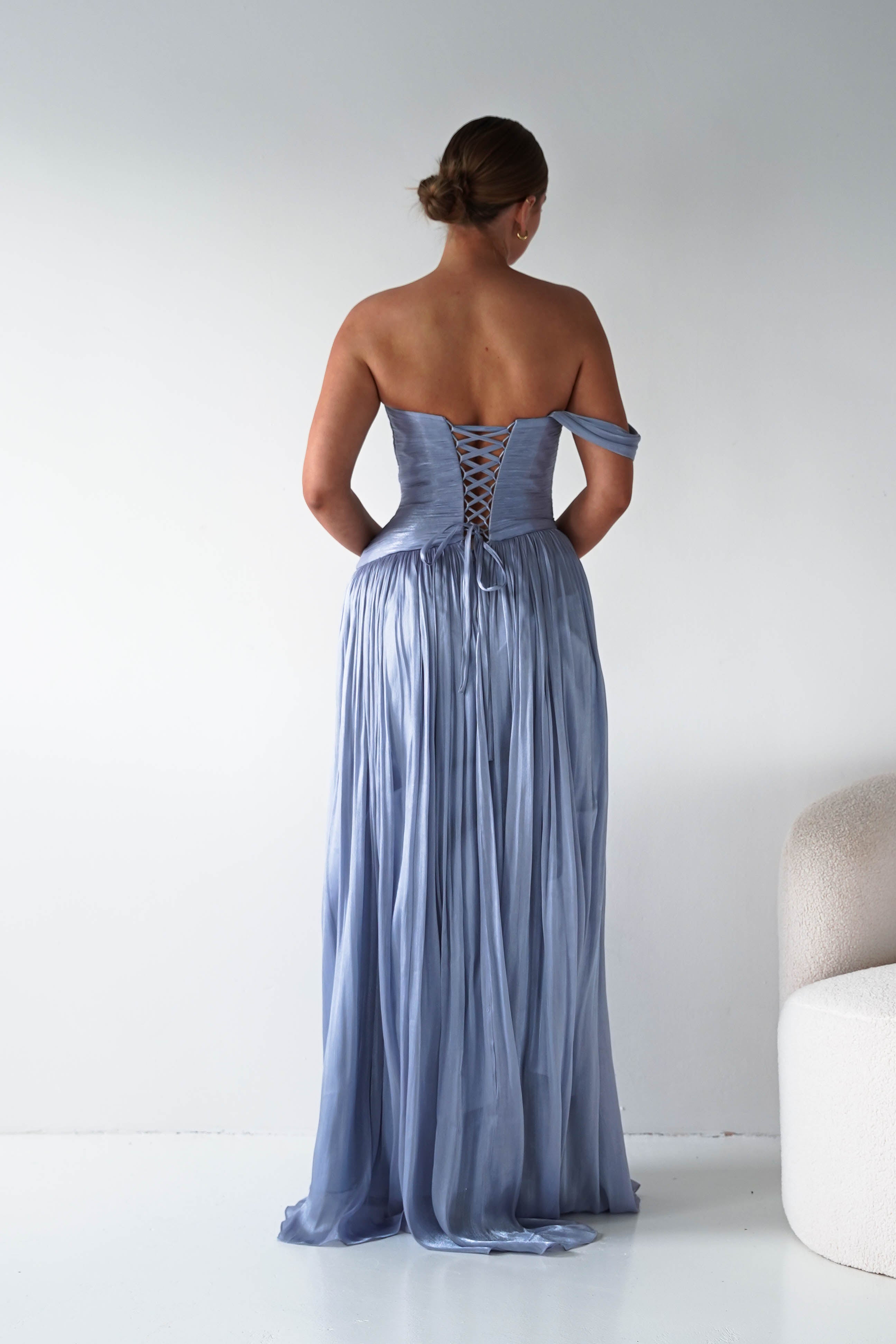 Oh Hello Clothing Women > Clothing > Dresses 1* DONE -CINDERALLA- CD409- BLUE- One-Shoulder Pleated Maxi Dress with Slit SAMPLE