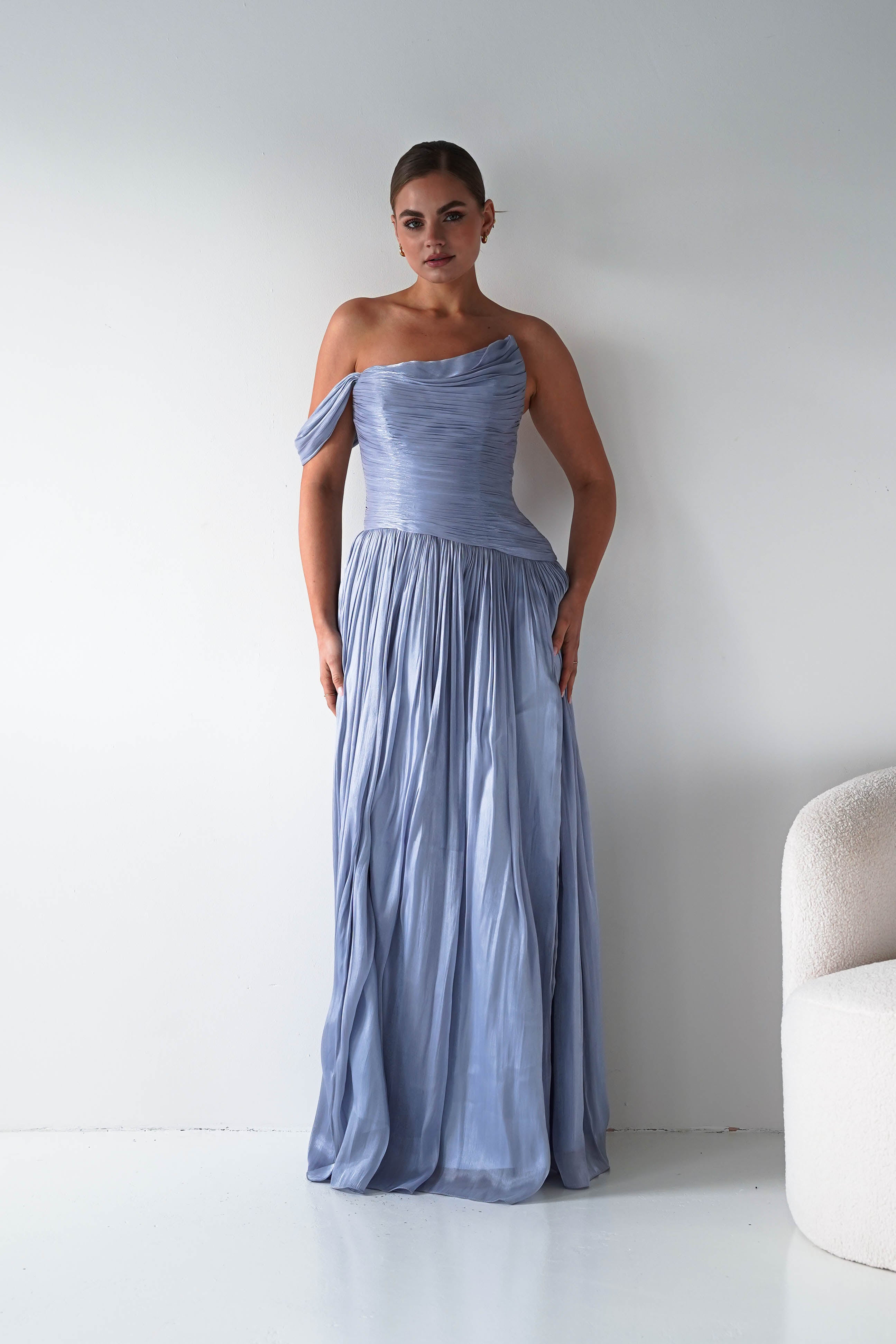 Oh Hello Clothing Women > Clothing > Dresses 1* DONE -CINDERALLA- CD409- BLUE- One-Shoulder Pleated Maxi Dress with Slit SAMPLE