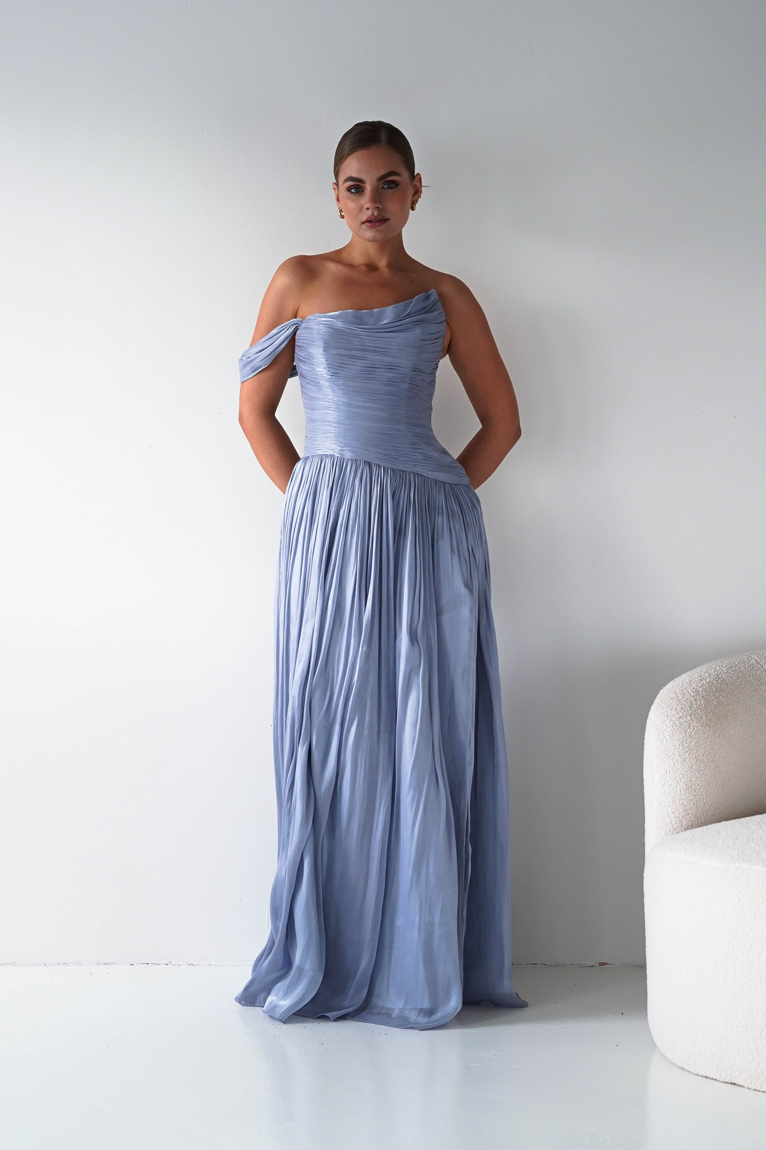 Oh Hello Clothing Women > Clothing > Dresses 1* DONE -CINDERALLA- CD409- BLUE- One-Shoulder Pleated Maxi Dress with Slit SAMPLE