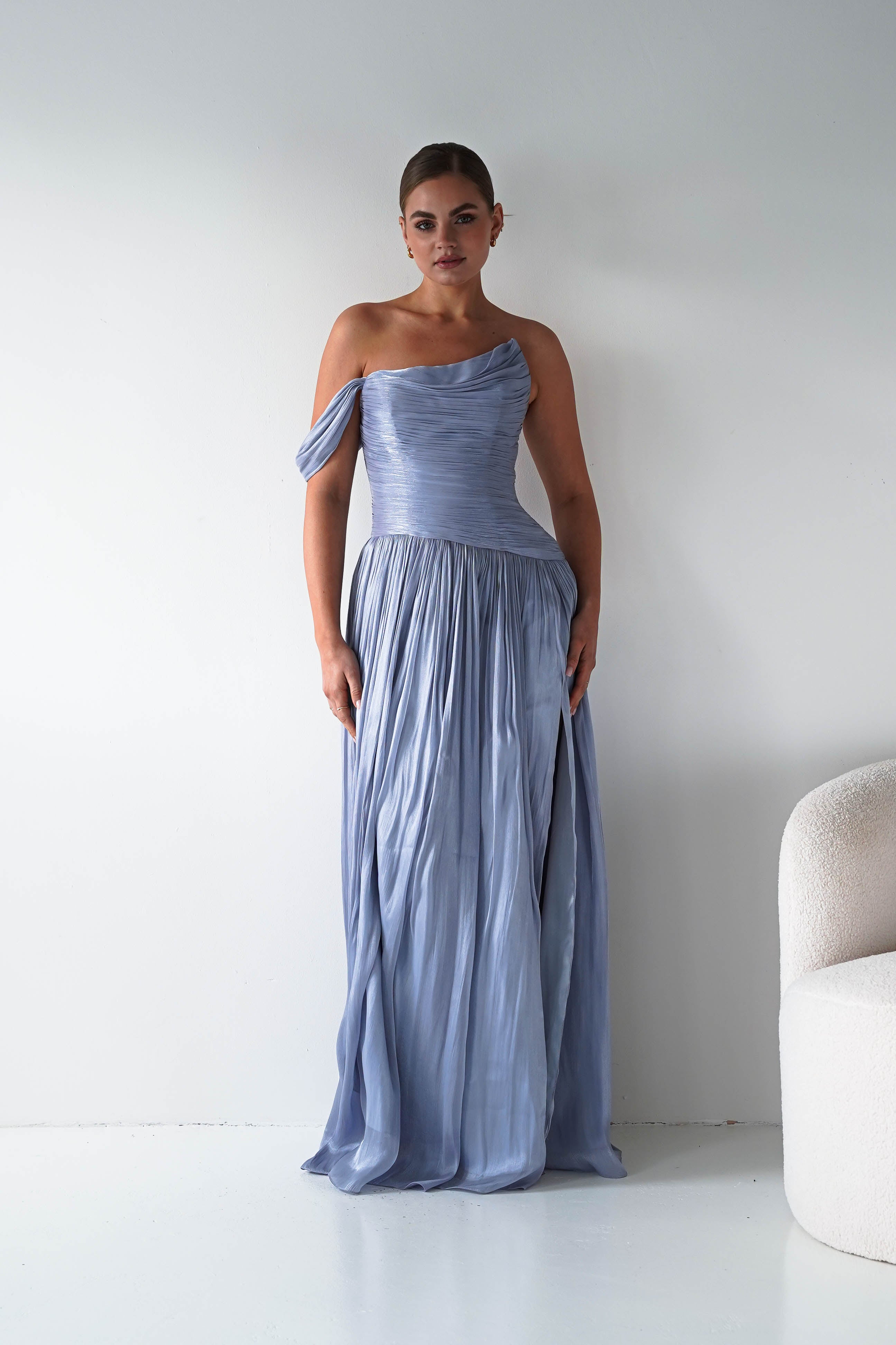 Oh Hello Clothing Women > Clothing > Dresses 1* DONE -CINDERALLA- CD409- BLUE- One-Shoulder Pleated Maxi Dress with Slit SAMPLE