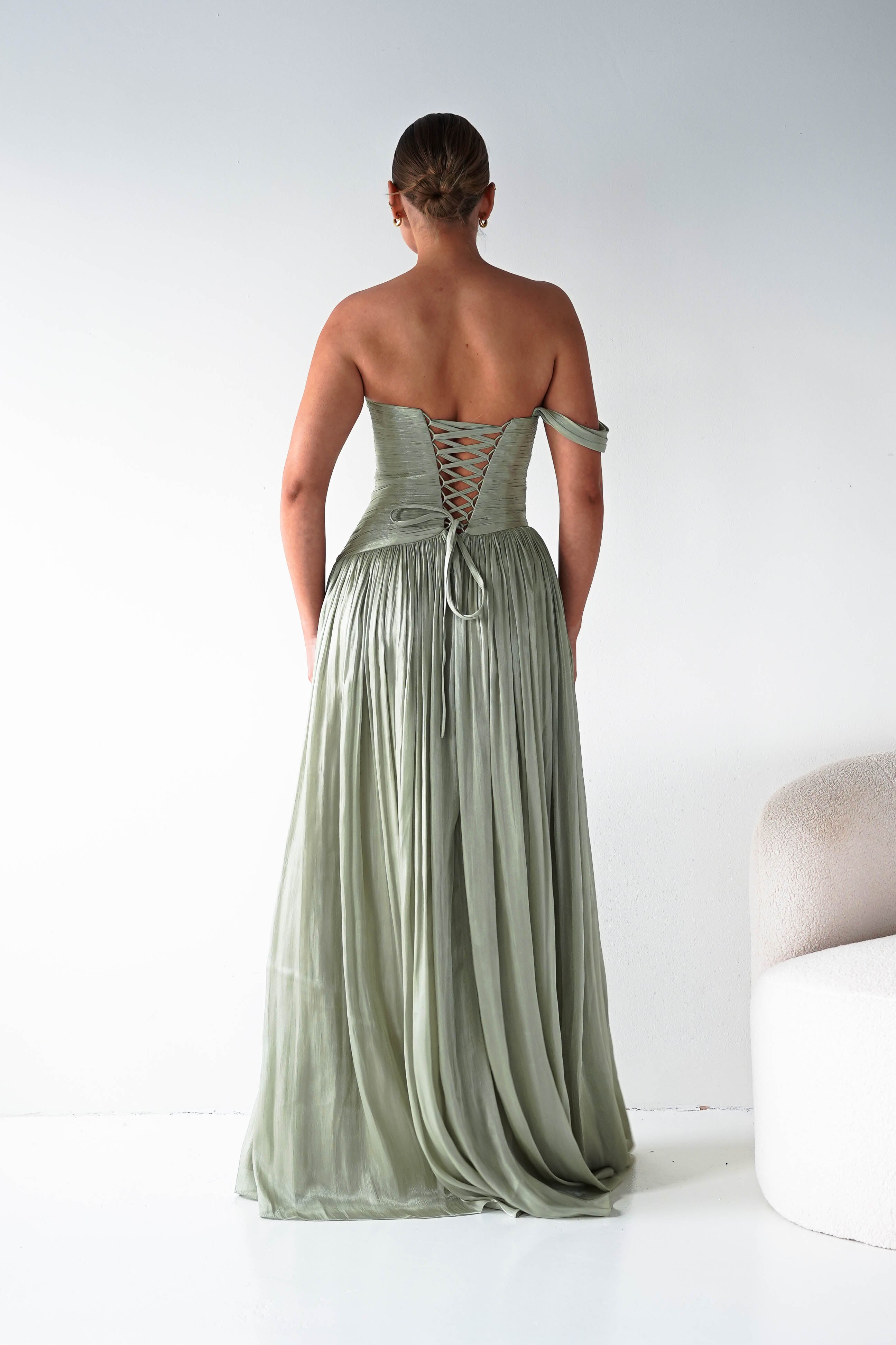 Oh Hello Clothing Women > Clothing > Dresses 1* DONE --CINDERALLA-CD409- SAGE- One-Shoulder Pleated Maxi Dress with Slit SAMPLE (Copy)