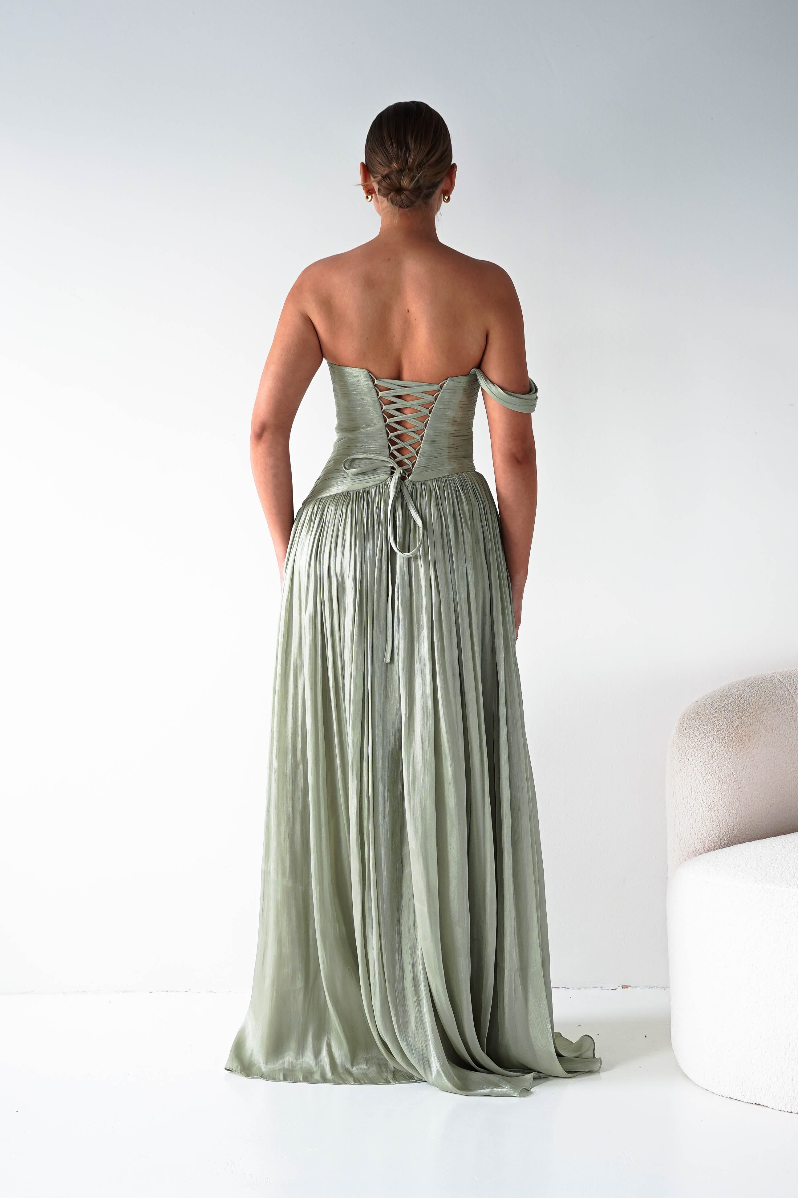 Hepburn One-Shoulder Pleated Maxi Dress | Sage Oh Hello Clothing Hepburn One-Shoulder Pleated Maxi Dress | Sage Oh Hello Clothing