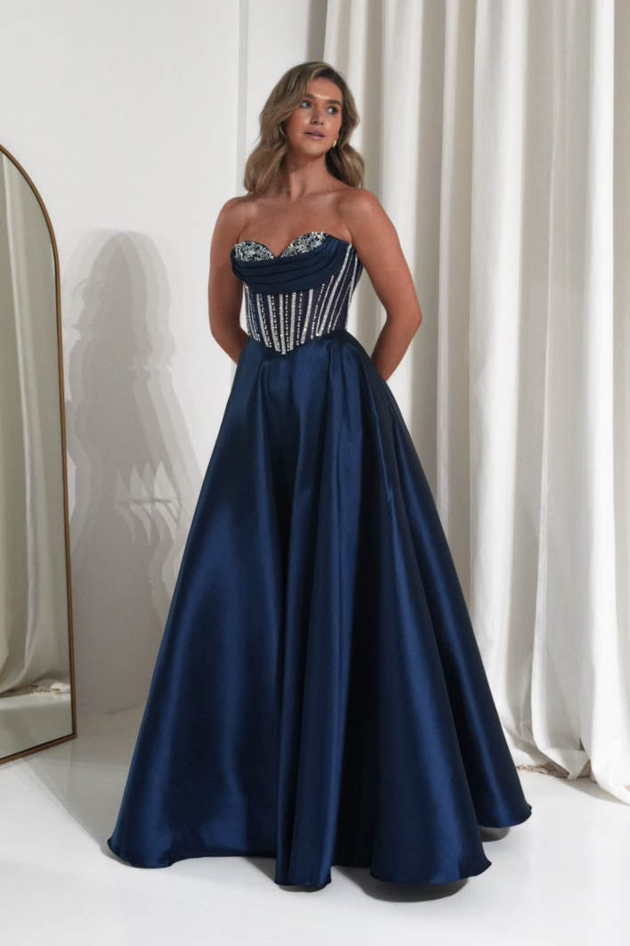 Oh Hello Clothing Dresses 1*DONE -CINDERALLA- CK2405- Strapless Navy Embellished Gown