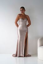 Oh Hello Clothing Women > Clothing > Dresses 1*DONE - Cinderalla-CK918- Champagne Beaded Strapless Gown with Thigh-High Slit