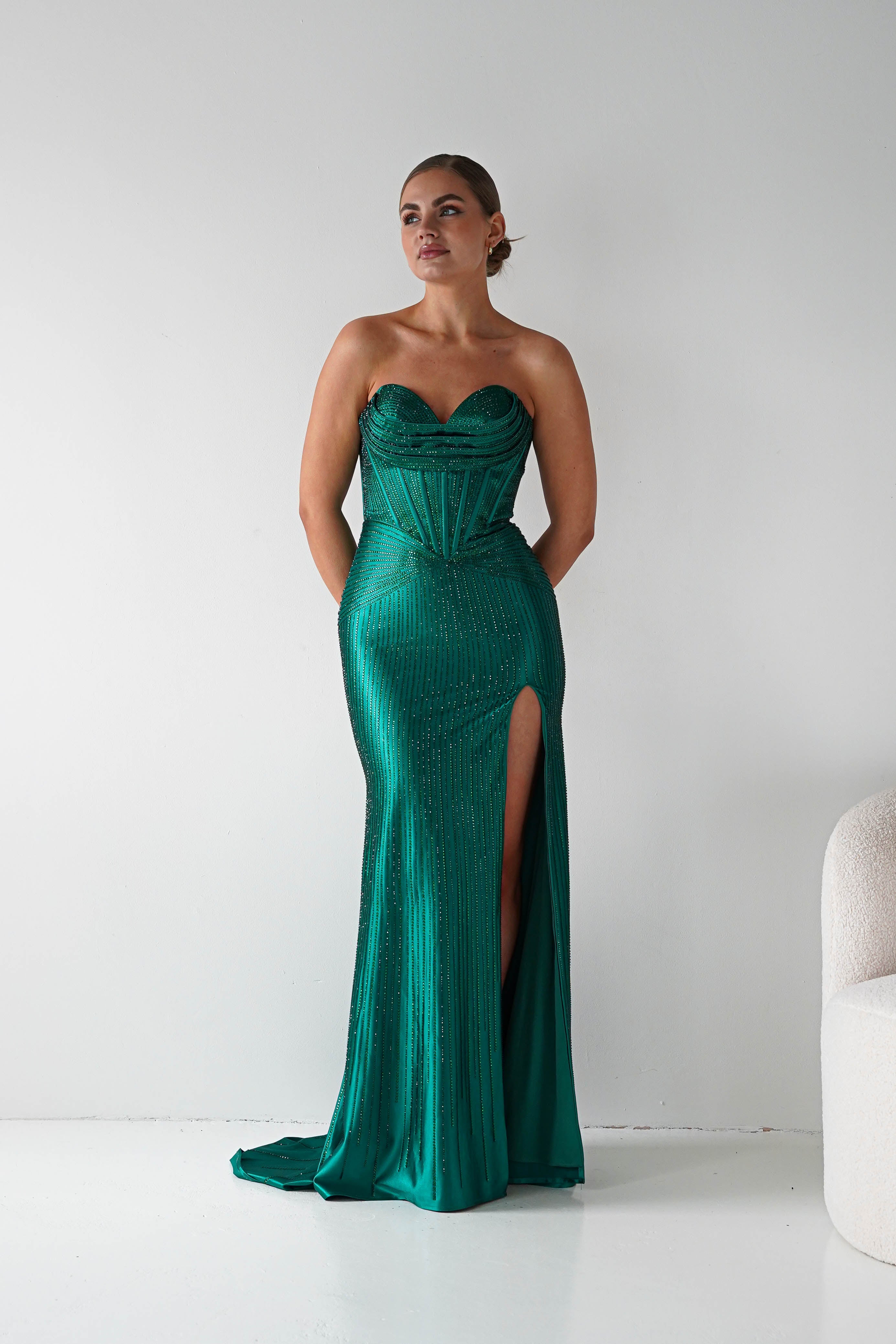 Oh Hello Clothing Women > Clothing > Dresses 1*DONE - Cinderalla-CK918-EMERALD Beaded Strapless Gown with Thigh-High Slit (Copy) (Copy)