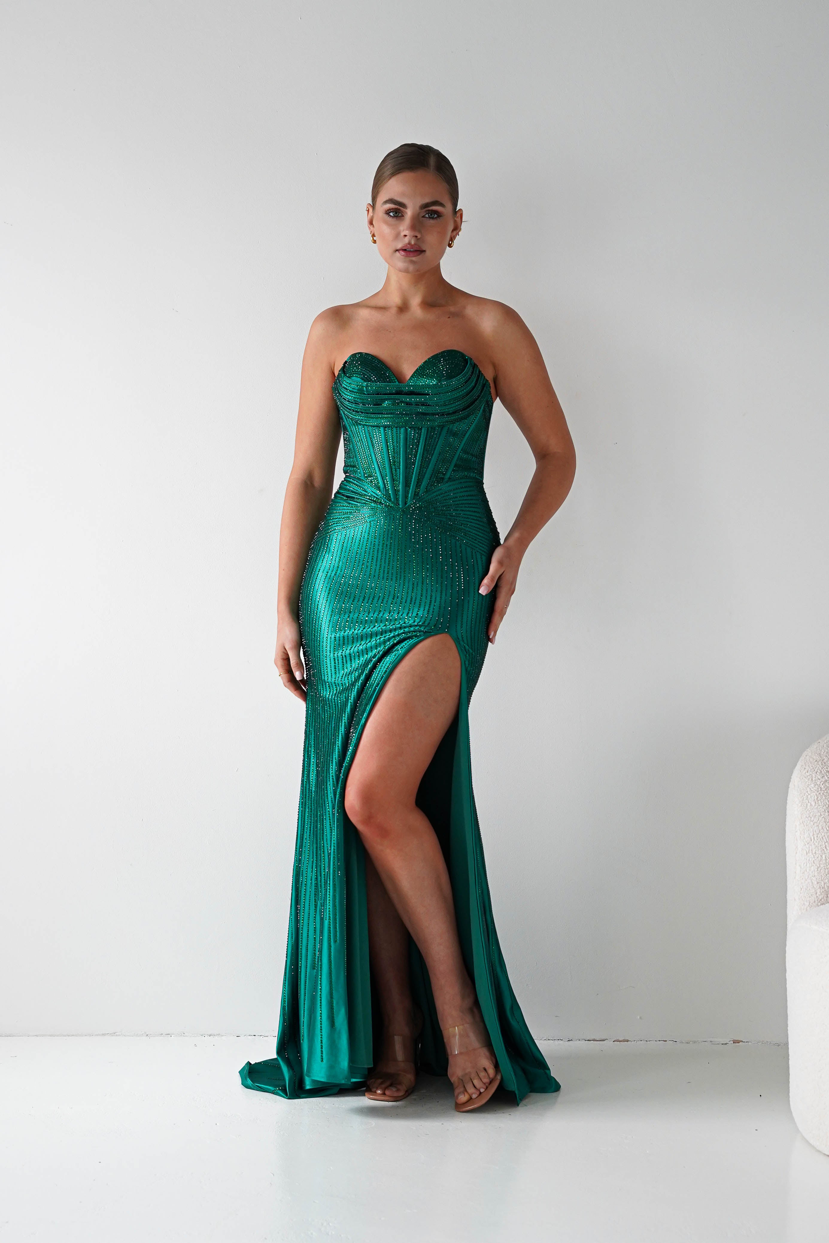 Oh Hello Clothing Women > Clothing > Dresses 1*DONE - Cinderalla-CK918-EMERALD Beaded Strapless Gown with Thigh-High Slit (Copy) (Copy)