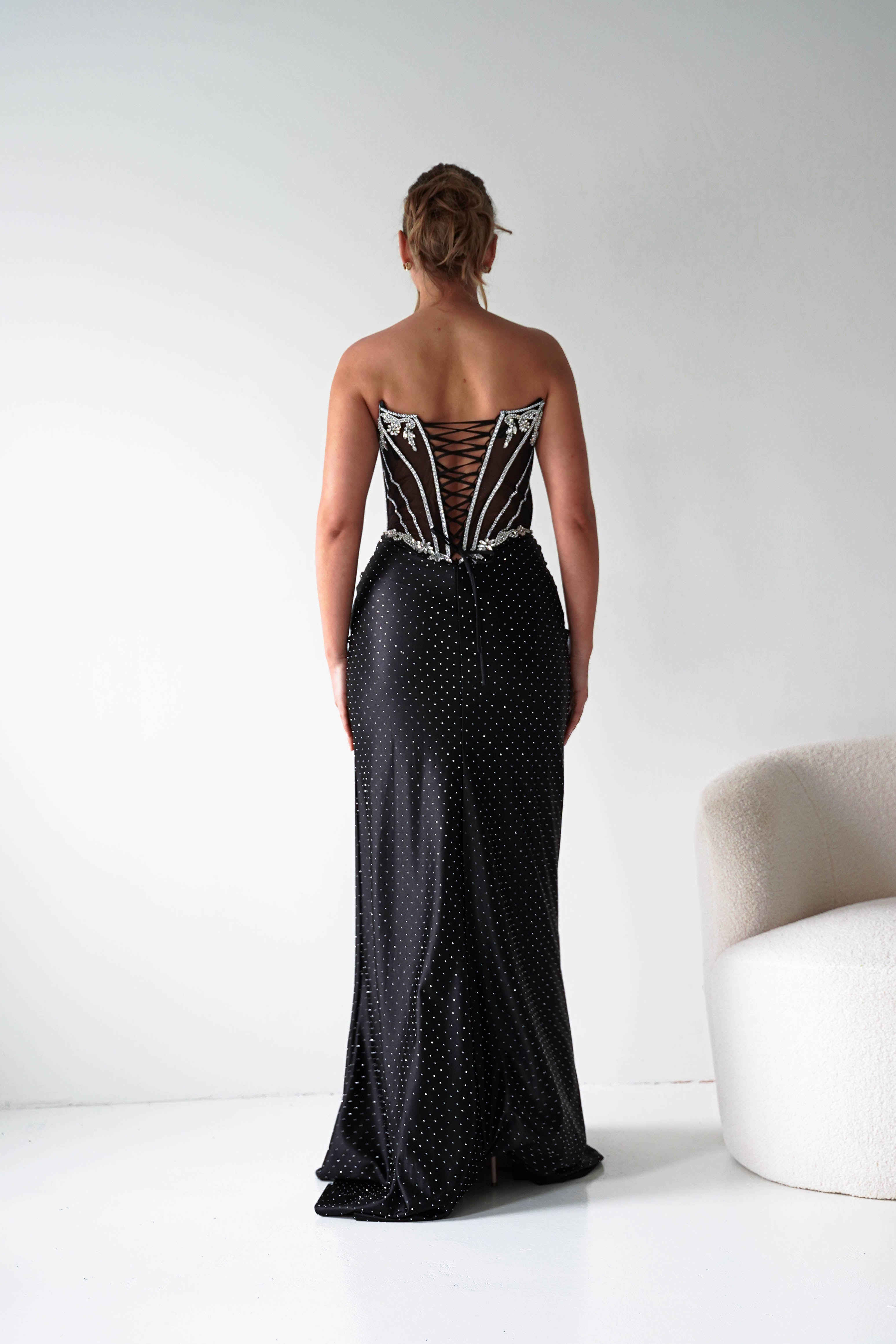 Oh Hello Clothing Women > Clothing > Dresses 1*DONE - CINDERALLA-Strapless Embellished Mesh Evening Gown- BLACK