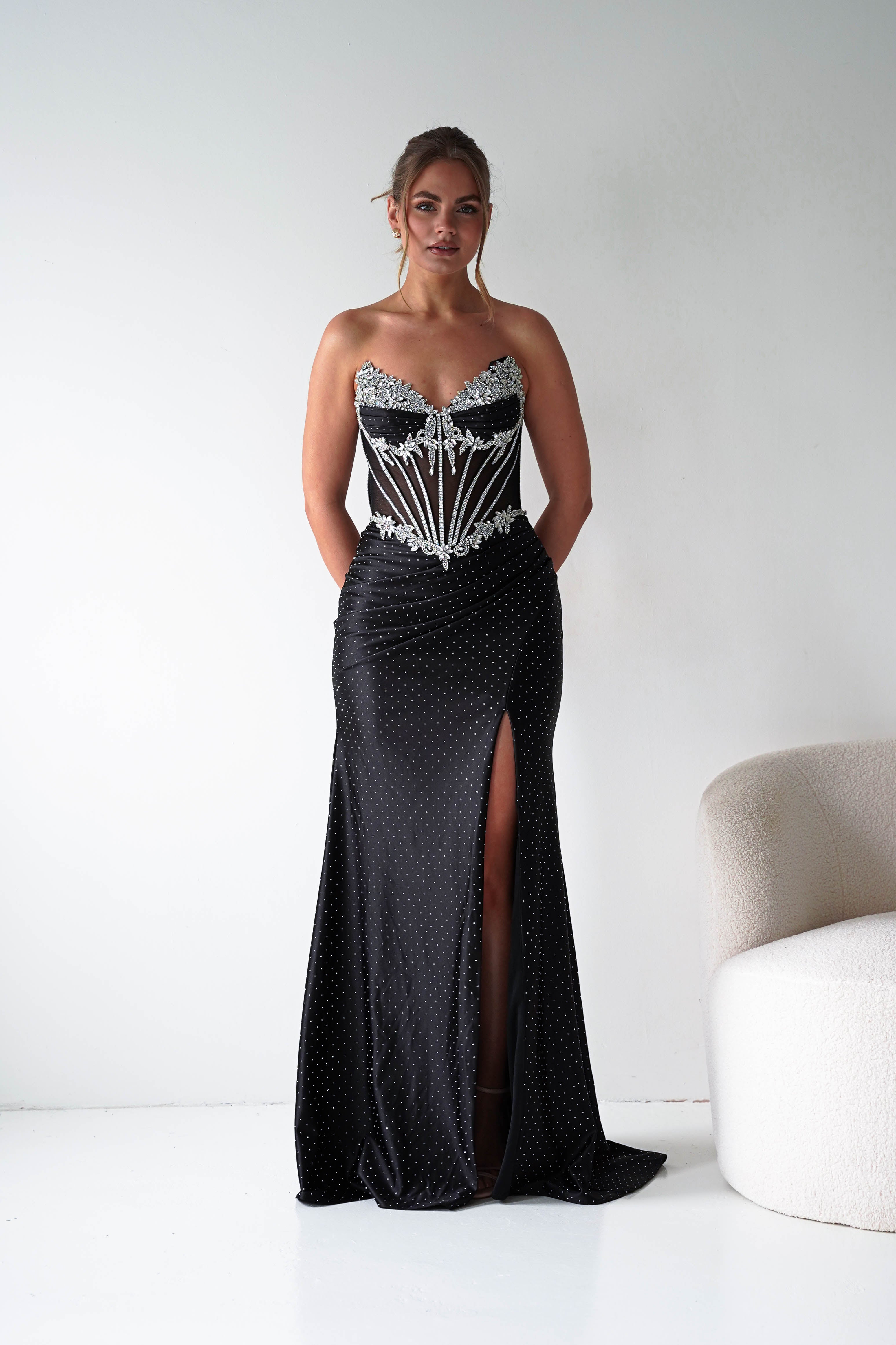 Oh Hello Clothing Women > Clothing > Dresses 1*DONE - CINDERALLA-Strapless Embellished Mesh Evening Gown- BLACK