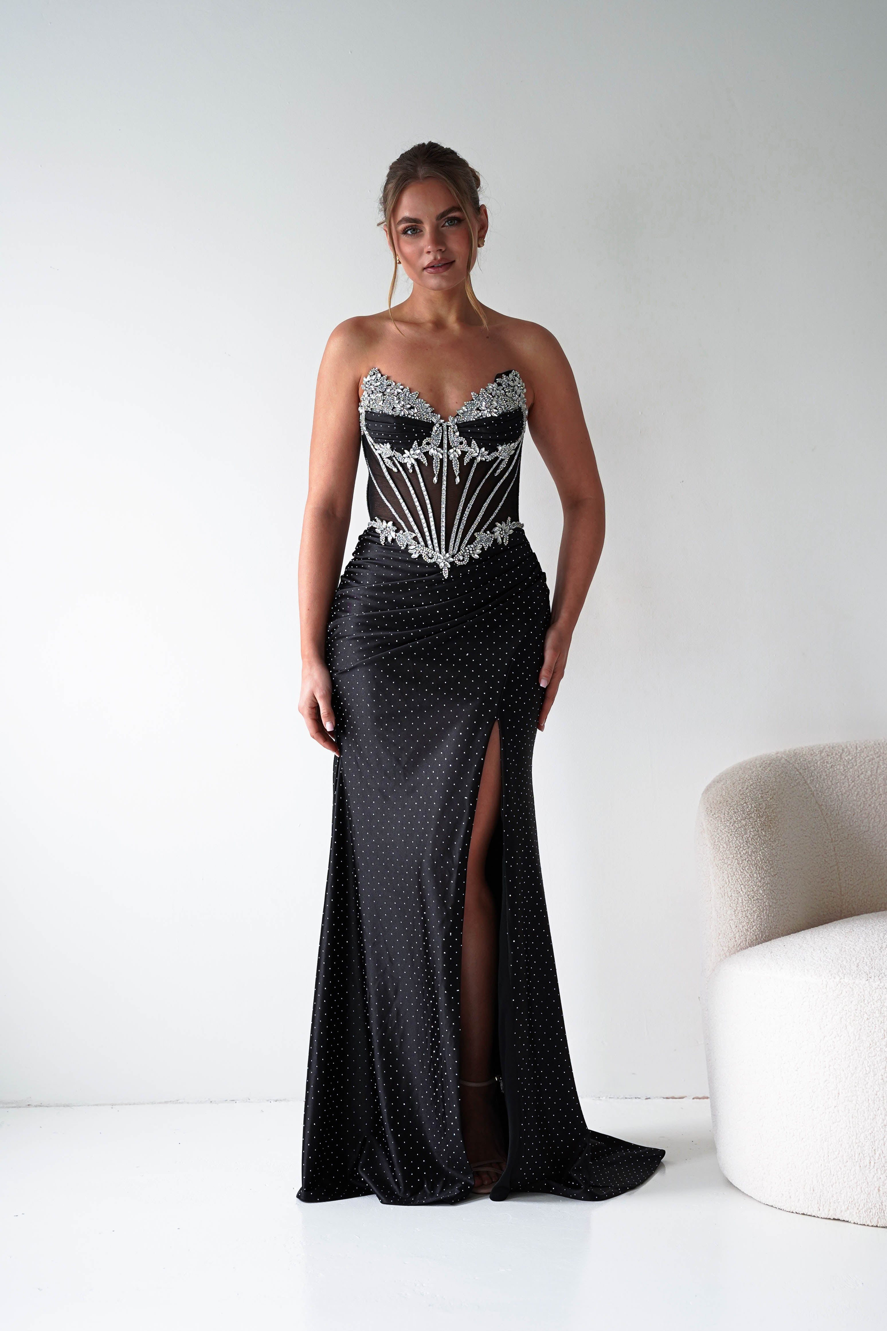 Oh Hello Clothing Women > Clothing > Dresses 1*DONE - CINDERALLA-Strapless Embellished Mesh Evening Gown- BLACK