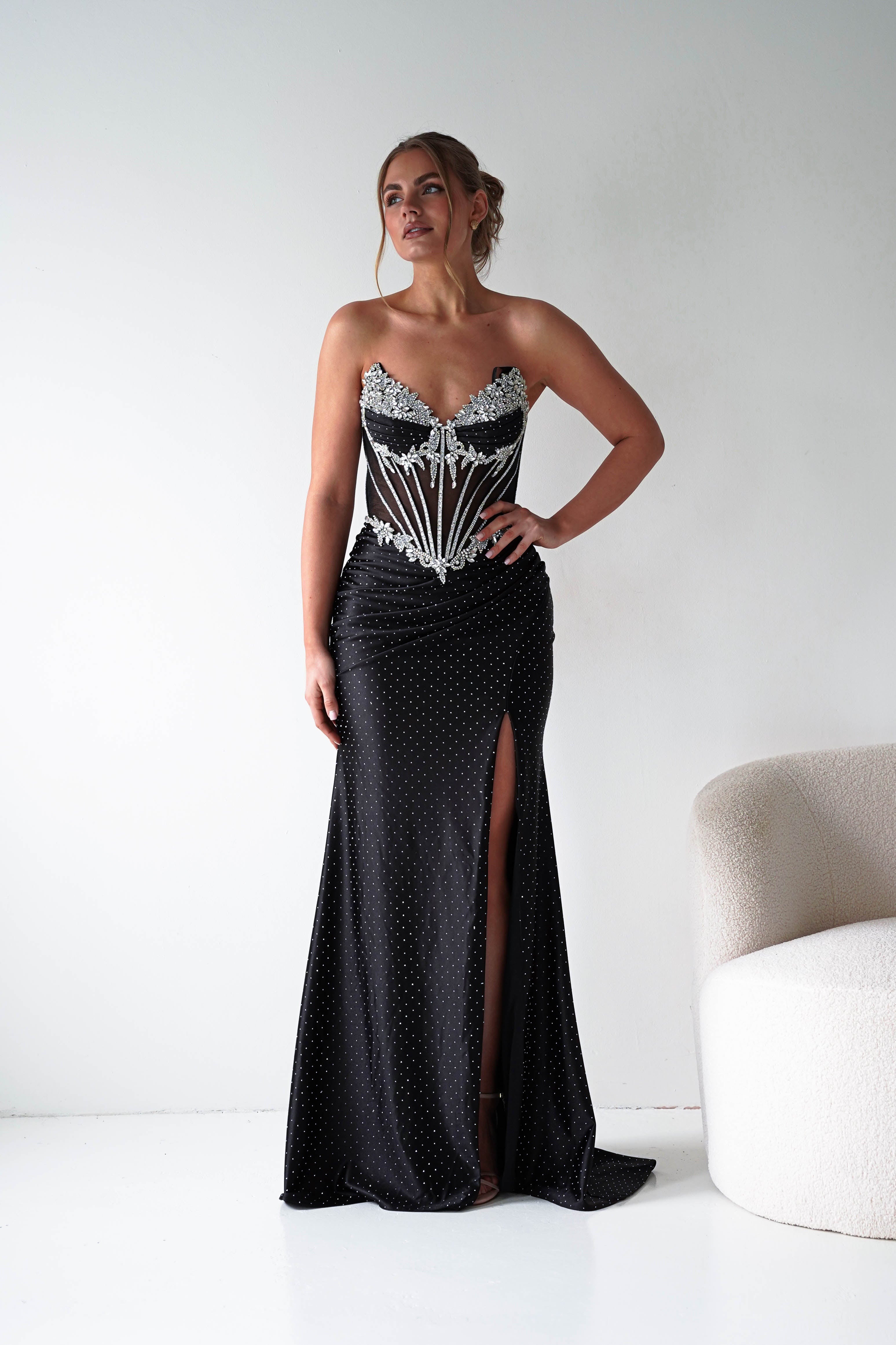 Oh Hello Clothing Women > Clothing > Dresses 1*DONE - CINDERALLA-Strapless Embellished Mesh Evening Gown- BLACK