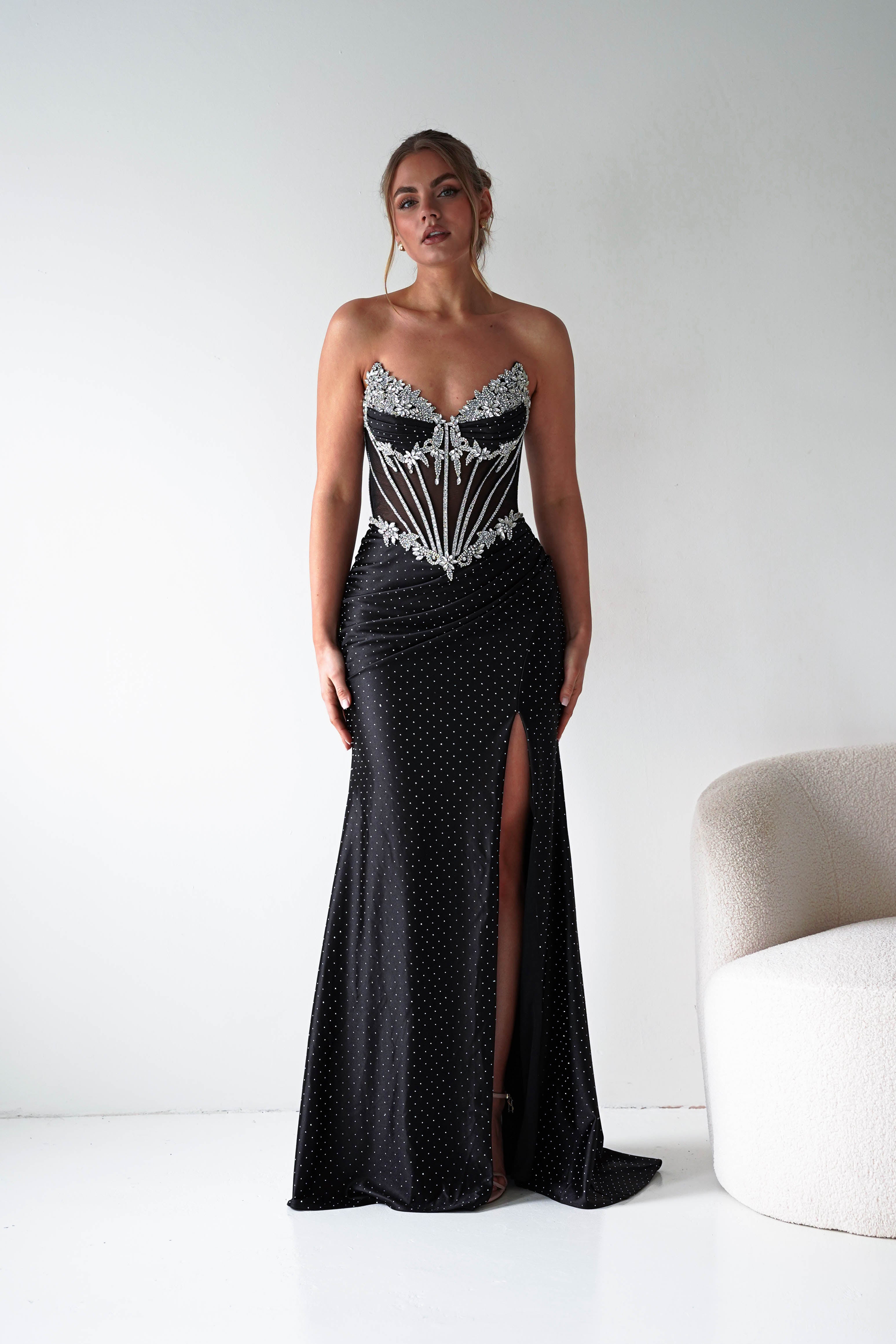Oh Hello Clothing Women > Clothing > Dresses 1*DONE - CINDERALLA-Strapless Embellished Mesh Evening Gown- BLACK