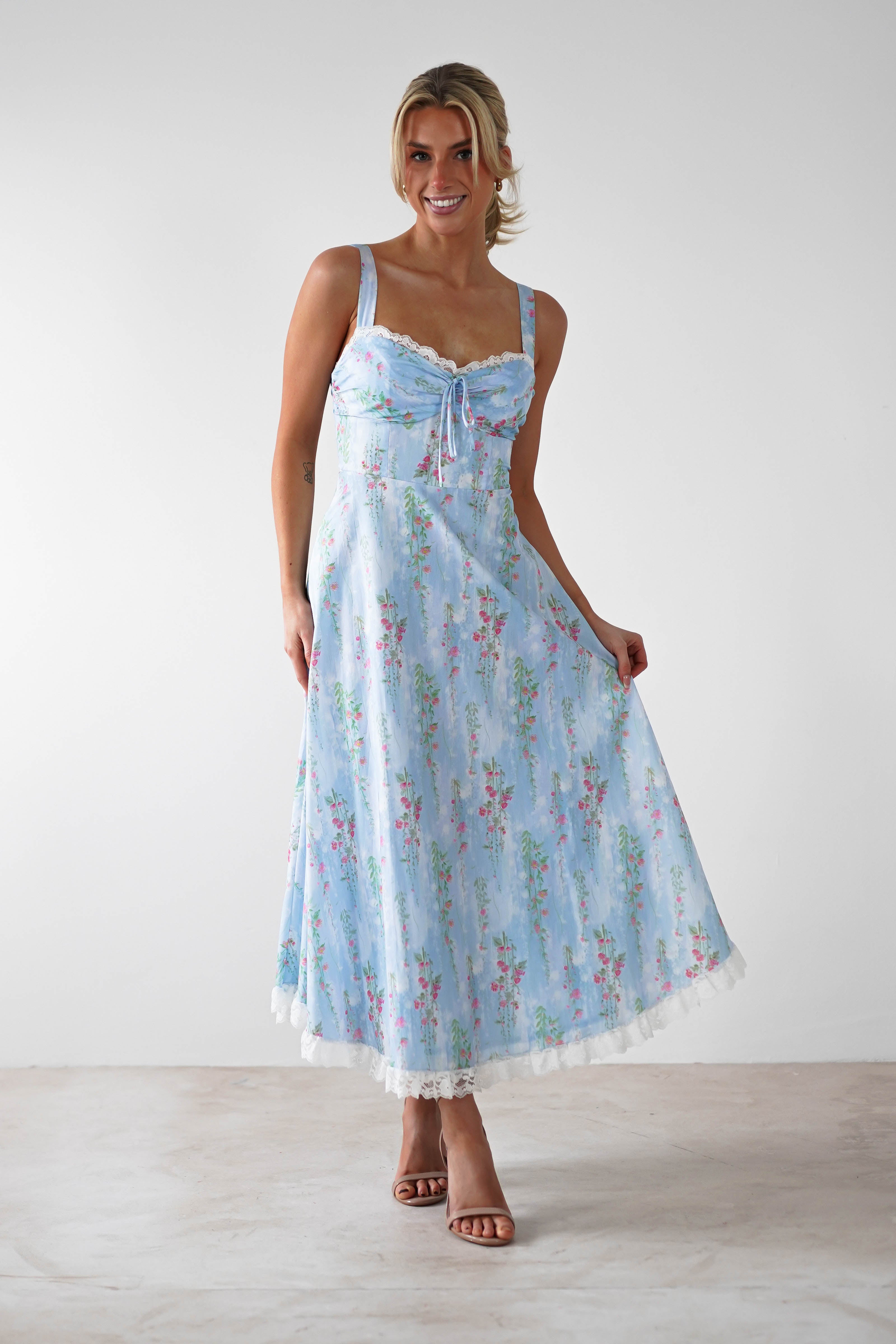Lanie Skater Floral Cotton Midi Dress | Blue - Oh Hello Clothing