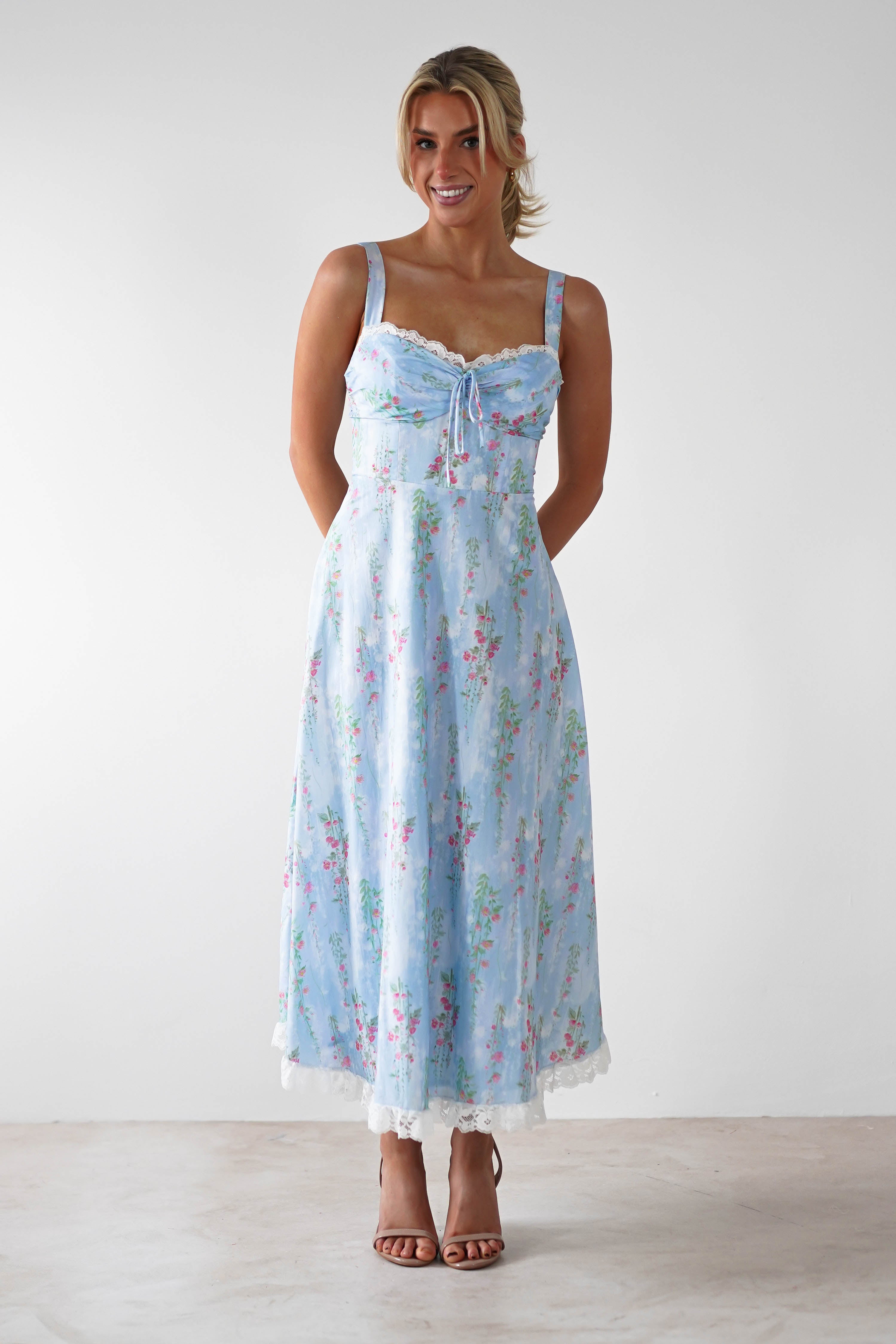 Lanie Skater Floral Cotton Midi Dress | Blue - Oh Hello Clothing