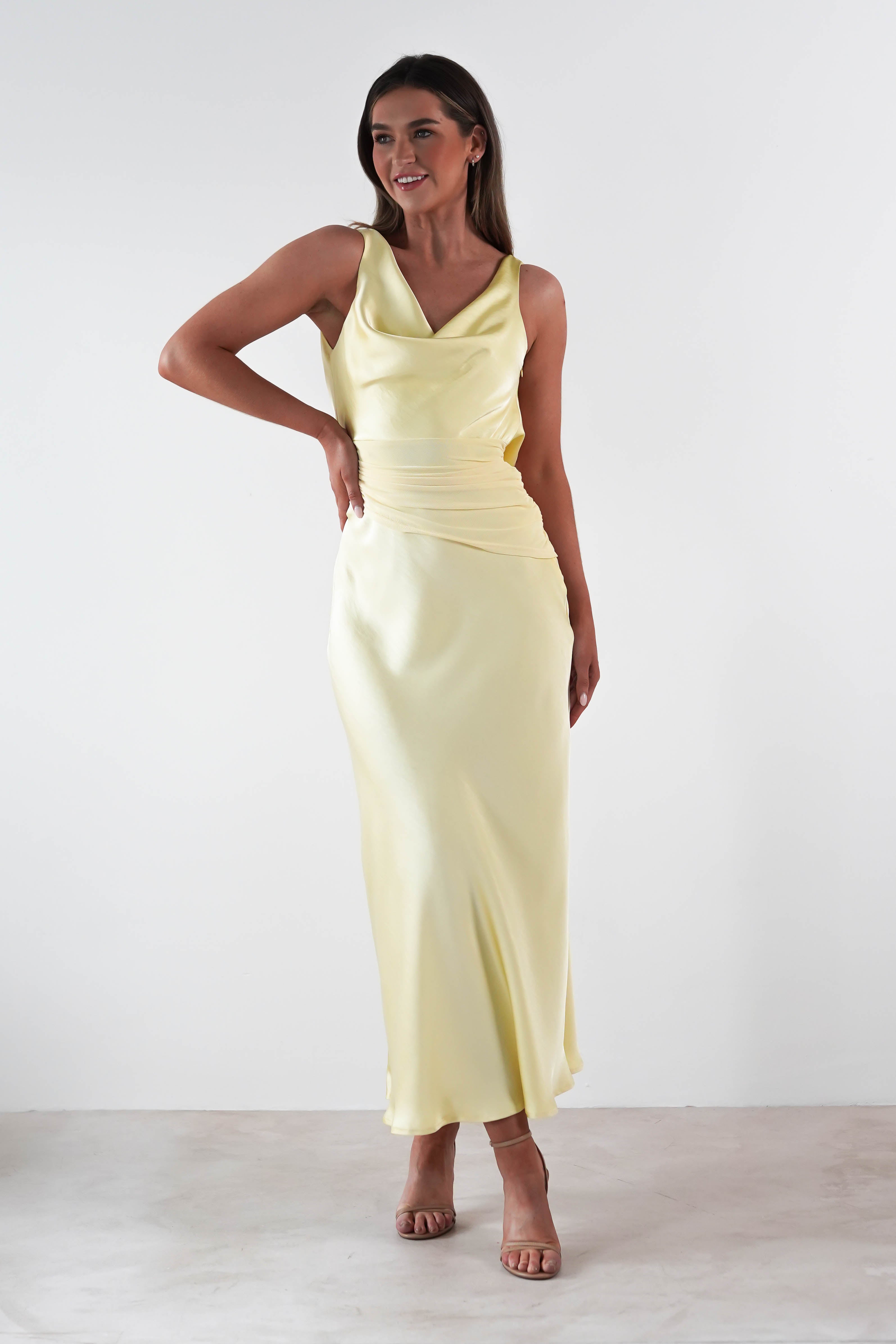 Thea Mesh Midriff Soft Satin Maxi Dress | Yellow