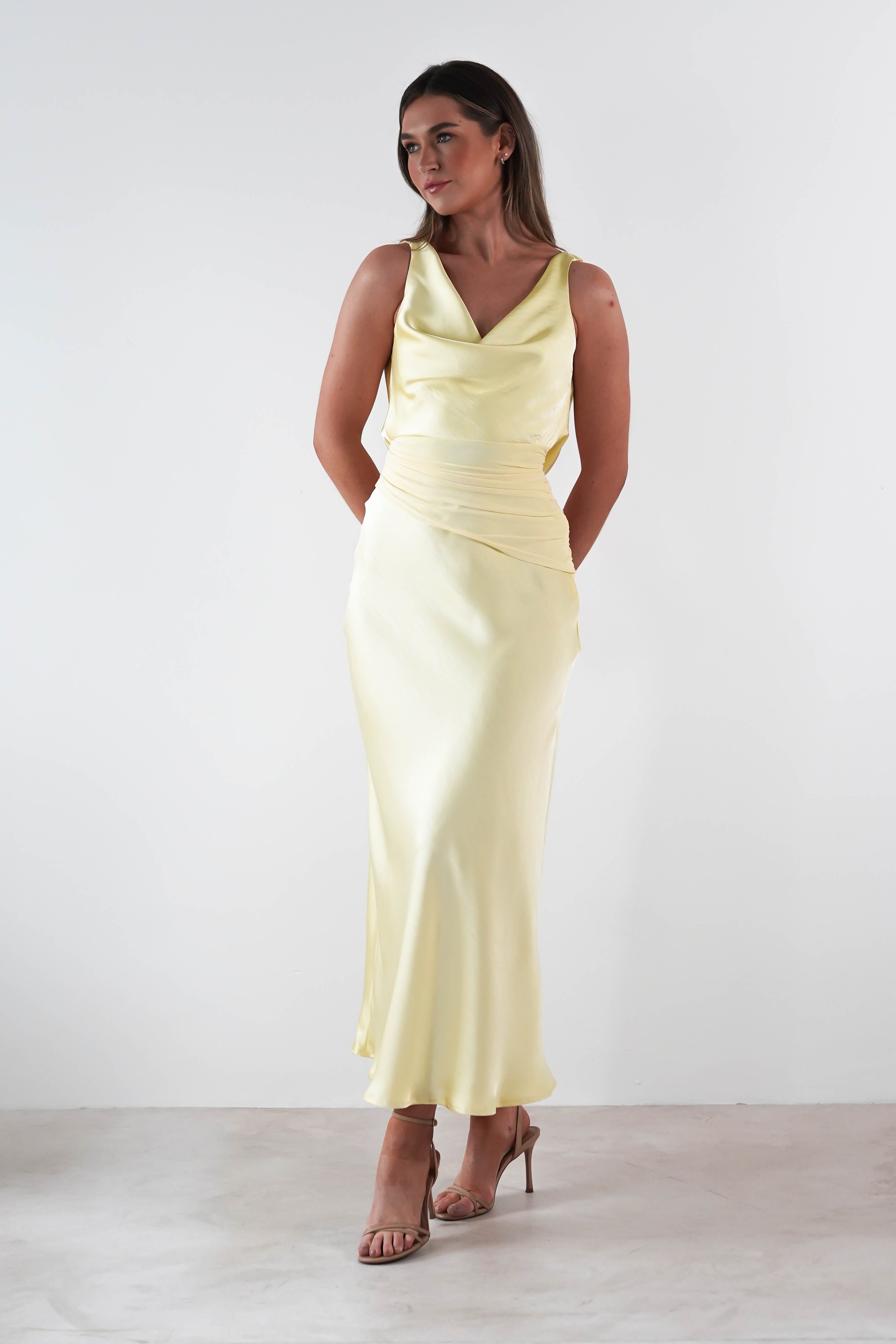 Thea Mesh Midriff Soft Satin Maxi Dress | Yellow